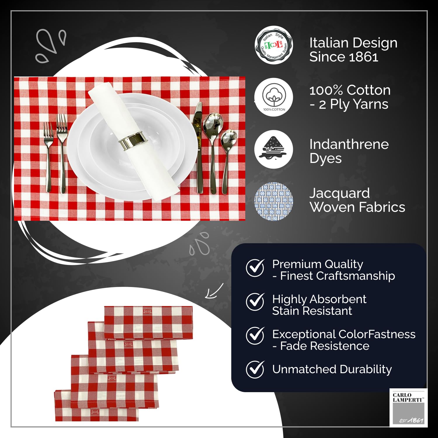 Premium Gingham Check Table Placemats Set of 4 - 100% Cotton Red Plaid Dining Mats 20x14 Inches by Carlo Lamperti Italy | Machine Washable Minimalist Fabric Place Settings for Kitchen, Dinner Party & Holiday Decor