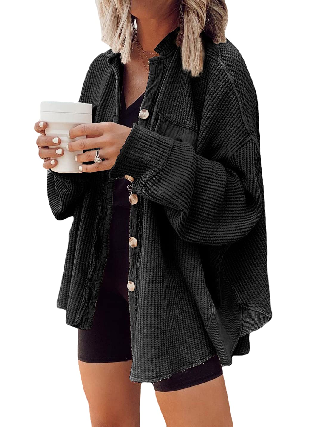 SeekMe Women's Waffle Knit Shirt Jacket - Long Sleeve Button Down Blouse with Batwing Sleeves | Casual Fall Layering Piece for Work & Weekend Outfits