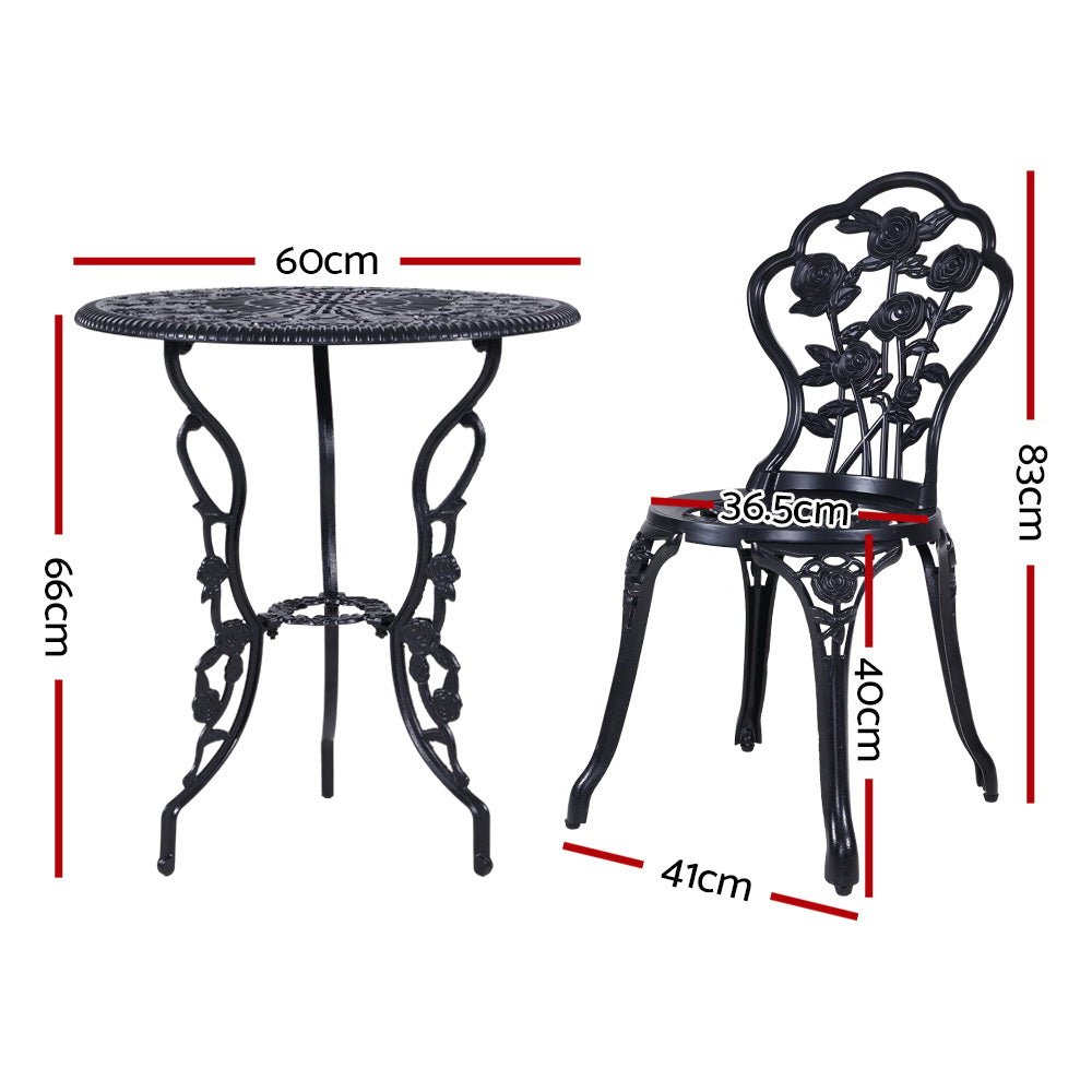 3-Piece Outdoor Bistro Set with Cast Aluminum Table and Chairs in Rose Black - Perfect for Patio, Garden, and Backyard Dining