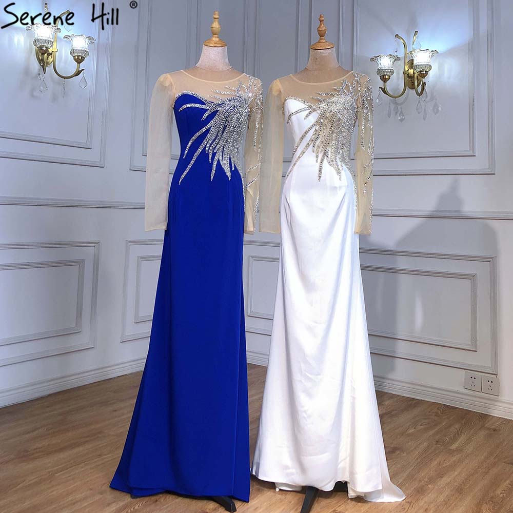 Serene Hill Royal Blue Satin Evening Dress 2025 - Beaded Elegant Mermaid Gown for Women | Wedding, Prom, Gala & Special Occasion Formal Wear