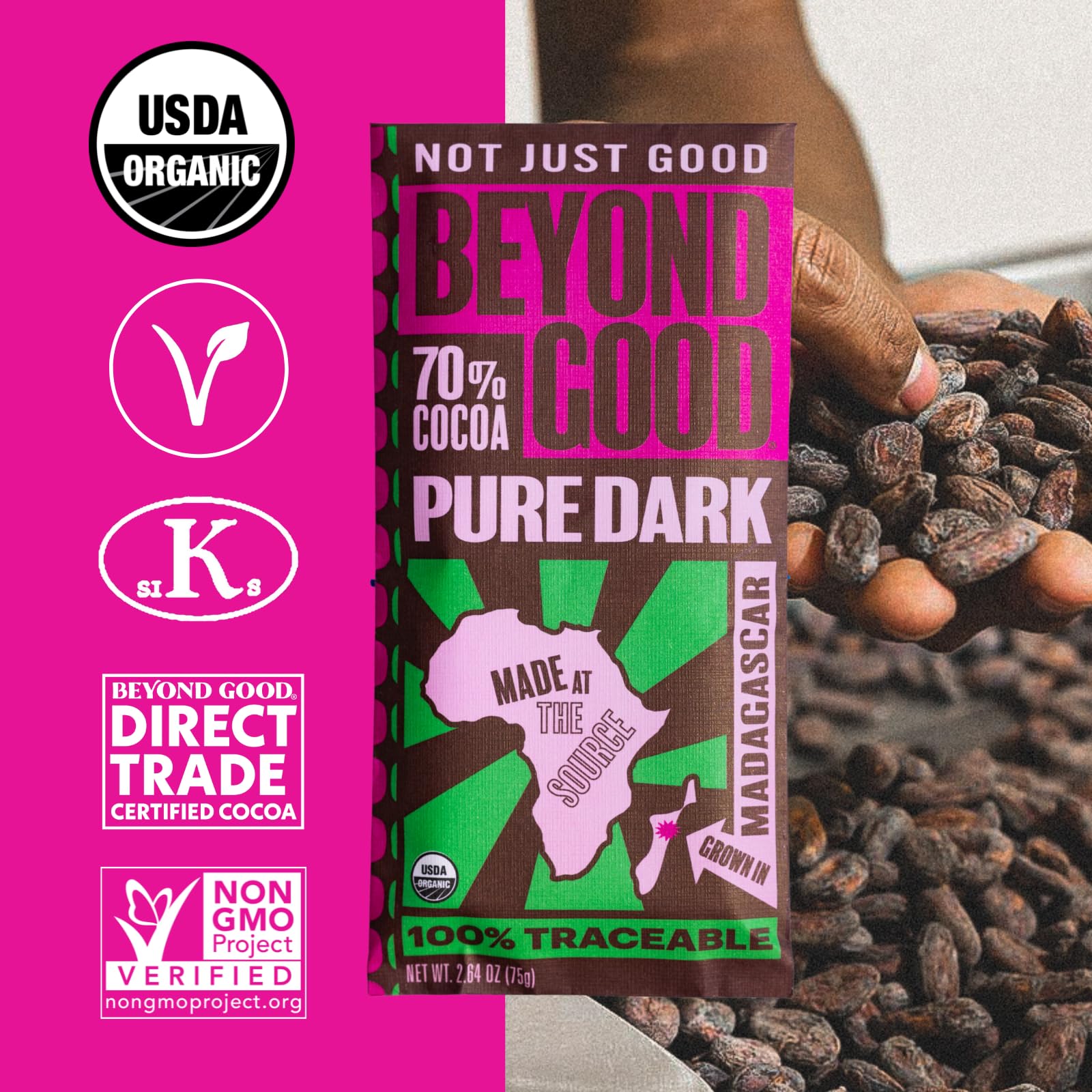Beyond Good Organic Dark Chocolate Bars 12 Pack | Single Origin Uganda 70% Dark Chocolate | Vegan, Kosher, Non-GMO, Direct Trade | Perfect for Gifts, Baking & Healthy Snacking