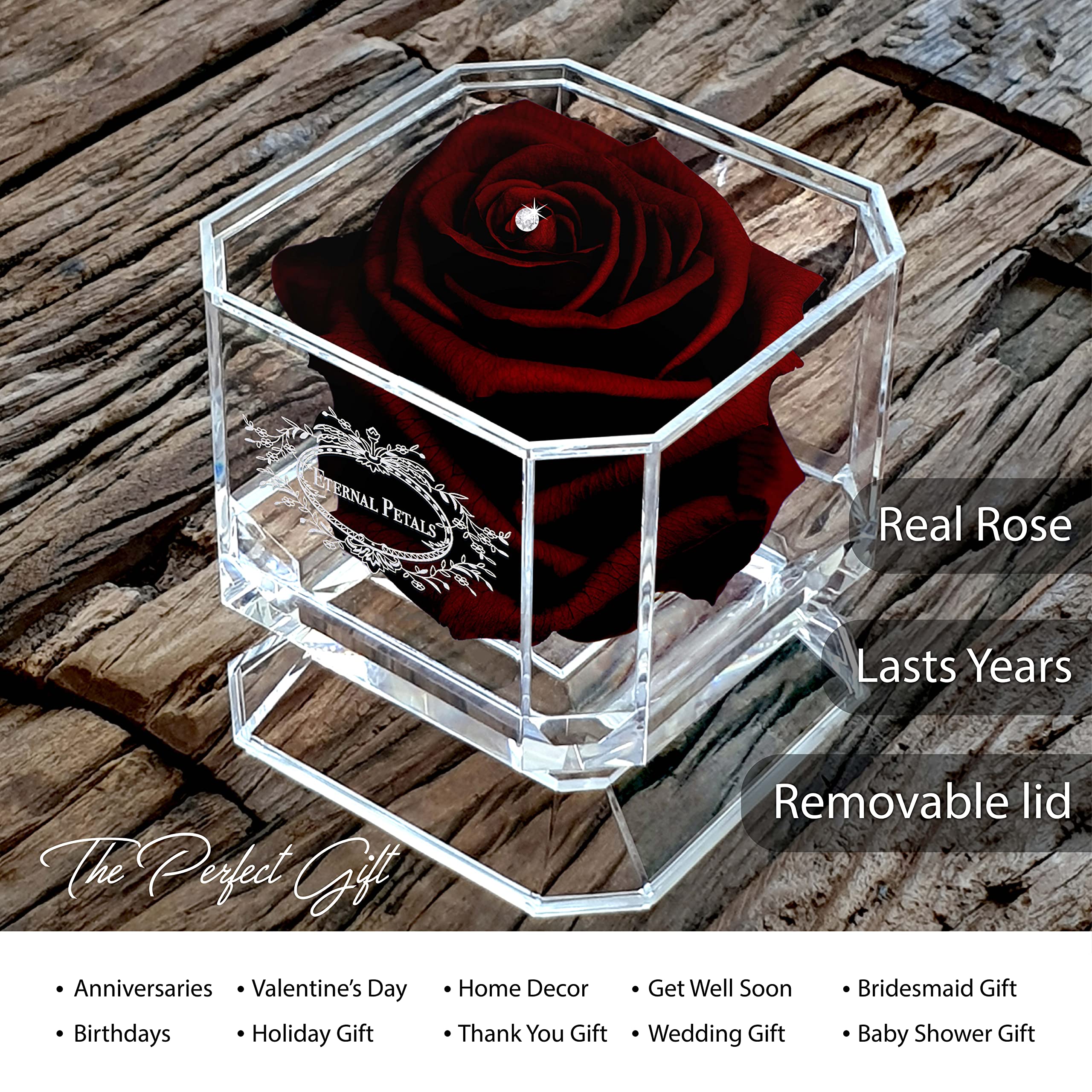 Eternal Preserved Real Rose in Burgundy with Swarovski Crystal - Lasts for Years - Perfect for Anniversaries, Valentine's Day & Romantic Gifts