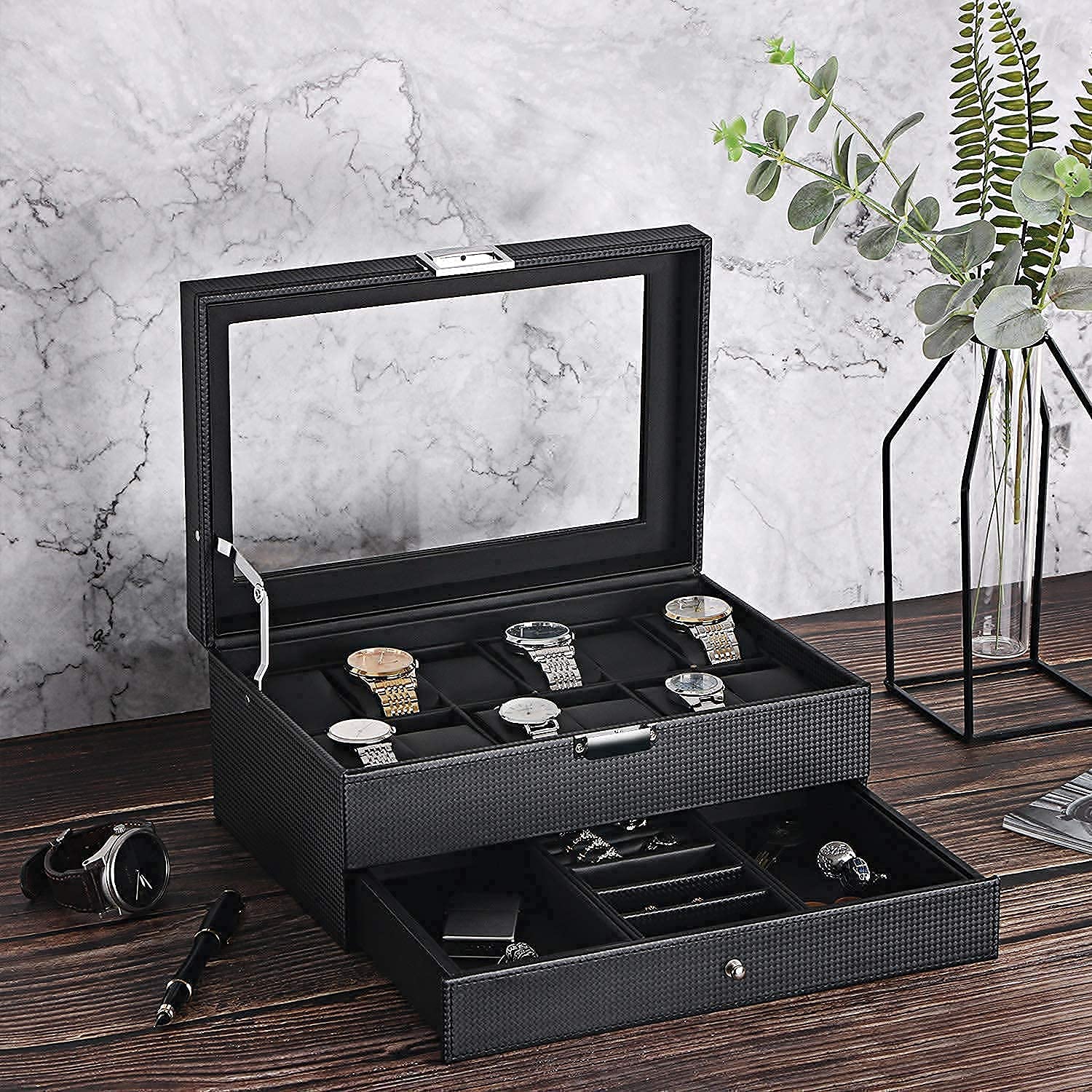 BEWISHOME Carbon Fiber Watch Box Organizer & Valet Tray - Men's Dresser and Nightstand Storage Case - Perfect for Watch Collection, Jewelry, and Small Essentials Organization at Home or Office