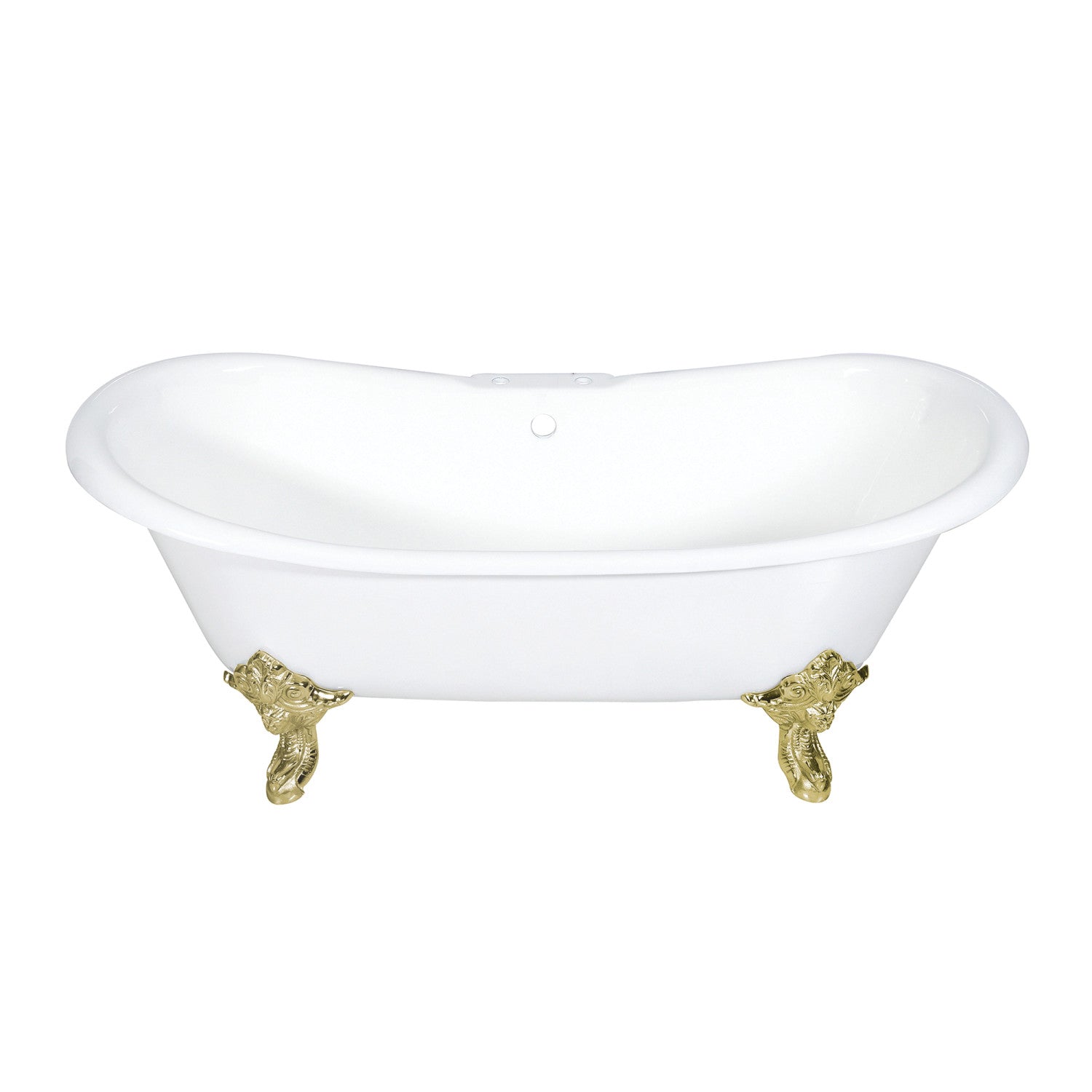 Aqua Eden 72 Inch White Cast Iron Oval Double Slipper Clawfoot Bathtub with Polished Brass Faucet Drillings - Vintage Freestanding Soaking Tub for Luxury Bathroom & Spa Retreat