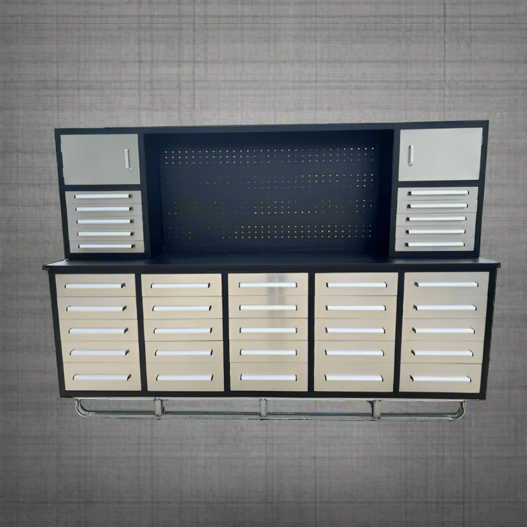 10 FT Heavy Duty Stainless Steel Workbench with 30 Drawers - Garage Storage Cabinet & Tool Organizer for Workshop, Home Garage, and Industrial Use - 30D10FTB