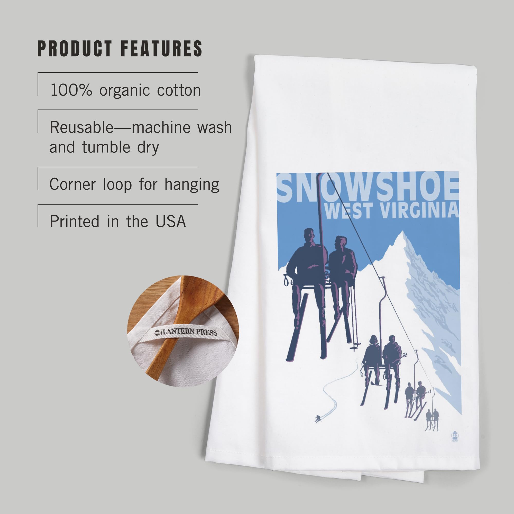 Lantern Press Snowshoe West Virginia Skiers on Lift 100% Cotton Tea Towel - Decorative Hand Towel for Kitchen, Home Decor & Gift - Perfect for Drying Dishes, Decorating & Hostess Gifts