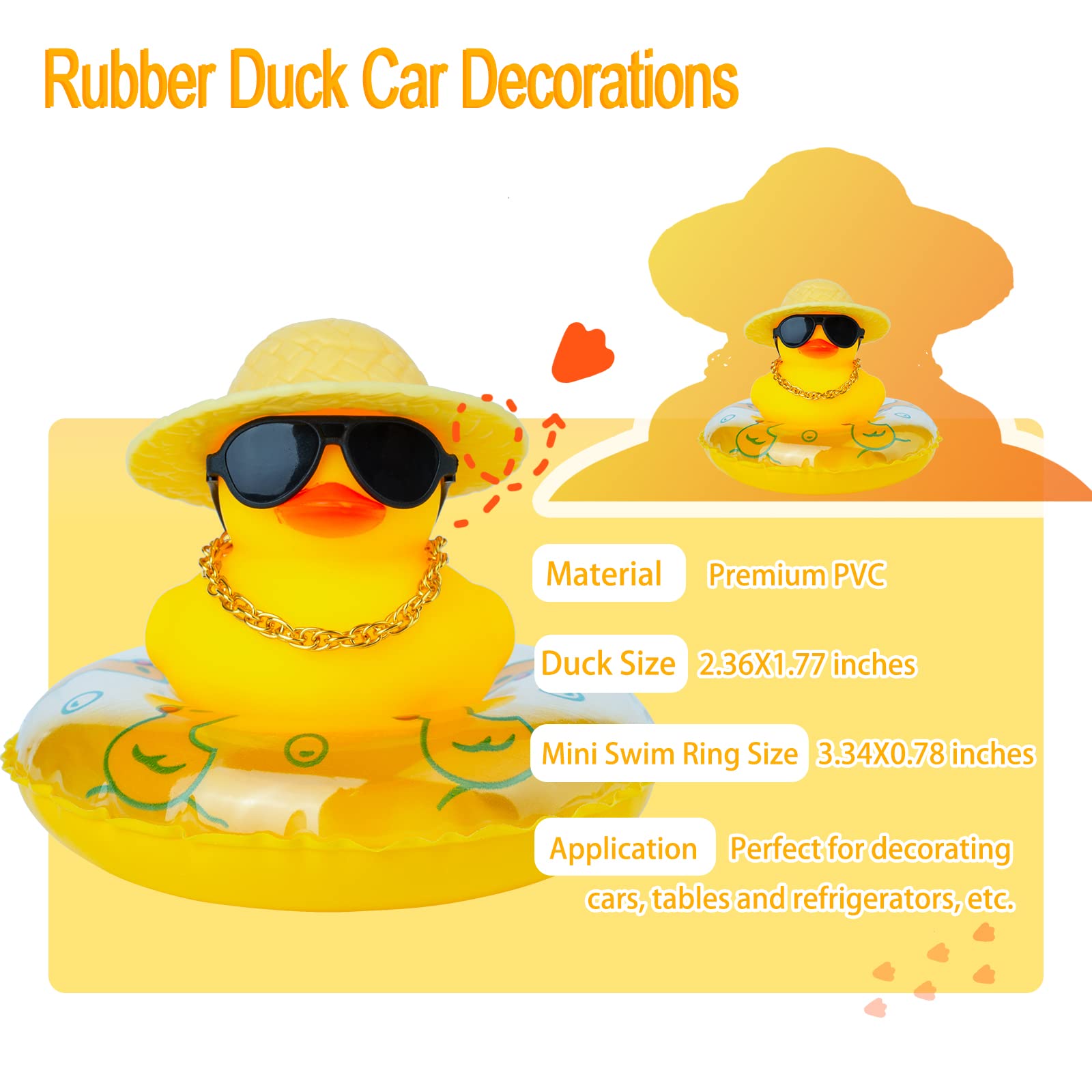 Funny Rubber Duck Car Dashboard Decorations - Cute Duck Ornaments with Mini Swim Ring, Sun Hat, Necklace & Sunglasses - Perfect for Car Accessories, Gifts, and Dashboard Decor