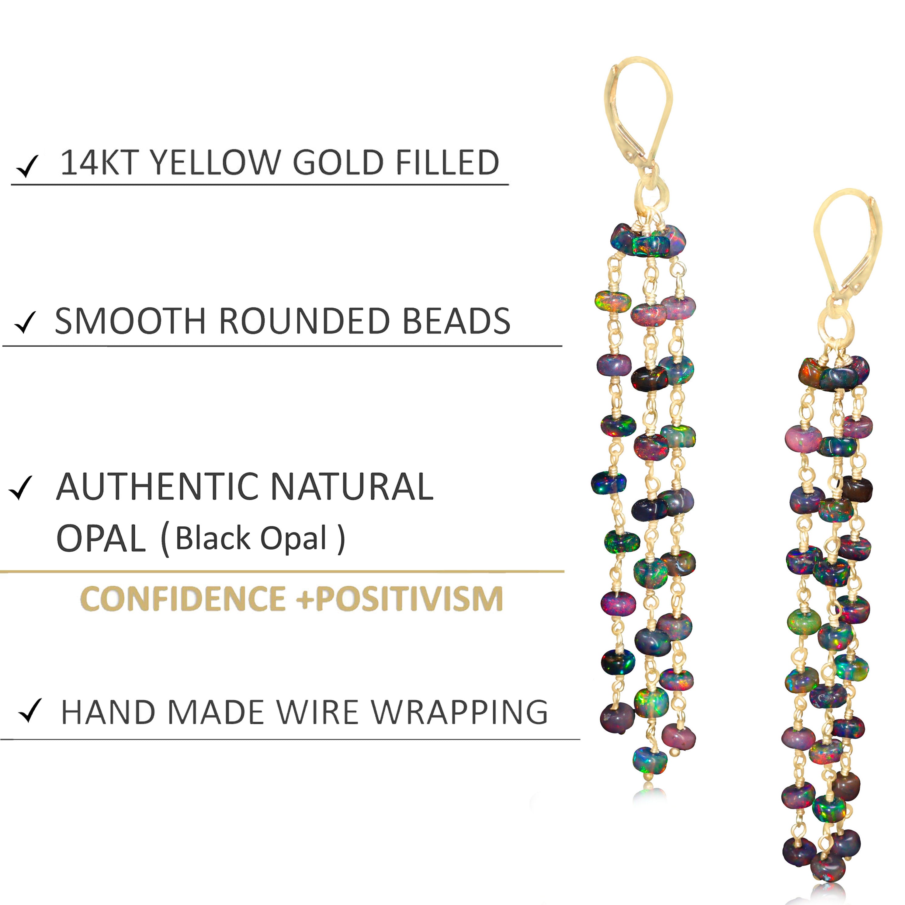 Natural Black Opal 3 Line Dangle Drop Handmade Earrings for Women | Genuine Opal Jewelry Gift | Elegant Boho Style for Parties, Weddings & Special Occasions