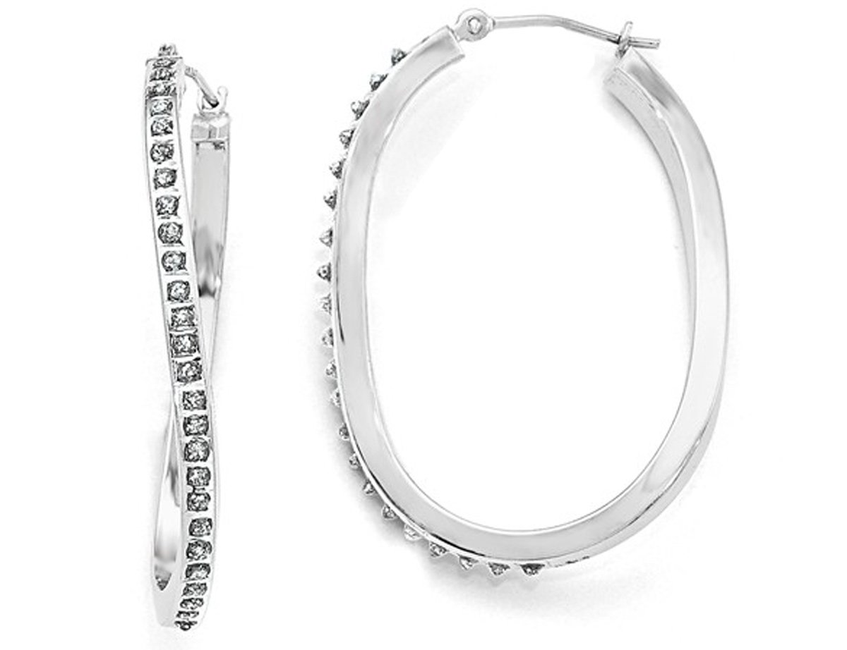 14K White Gold Diamond Oval Hoop Twist Earrings for Women - Elegant Dangle Earrings for Party, Wedding & Everyday Wear
