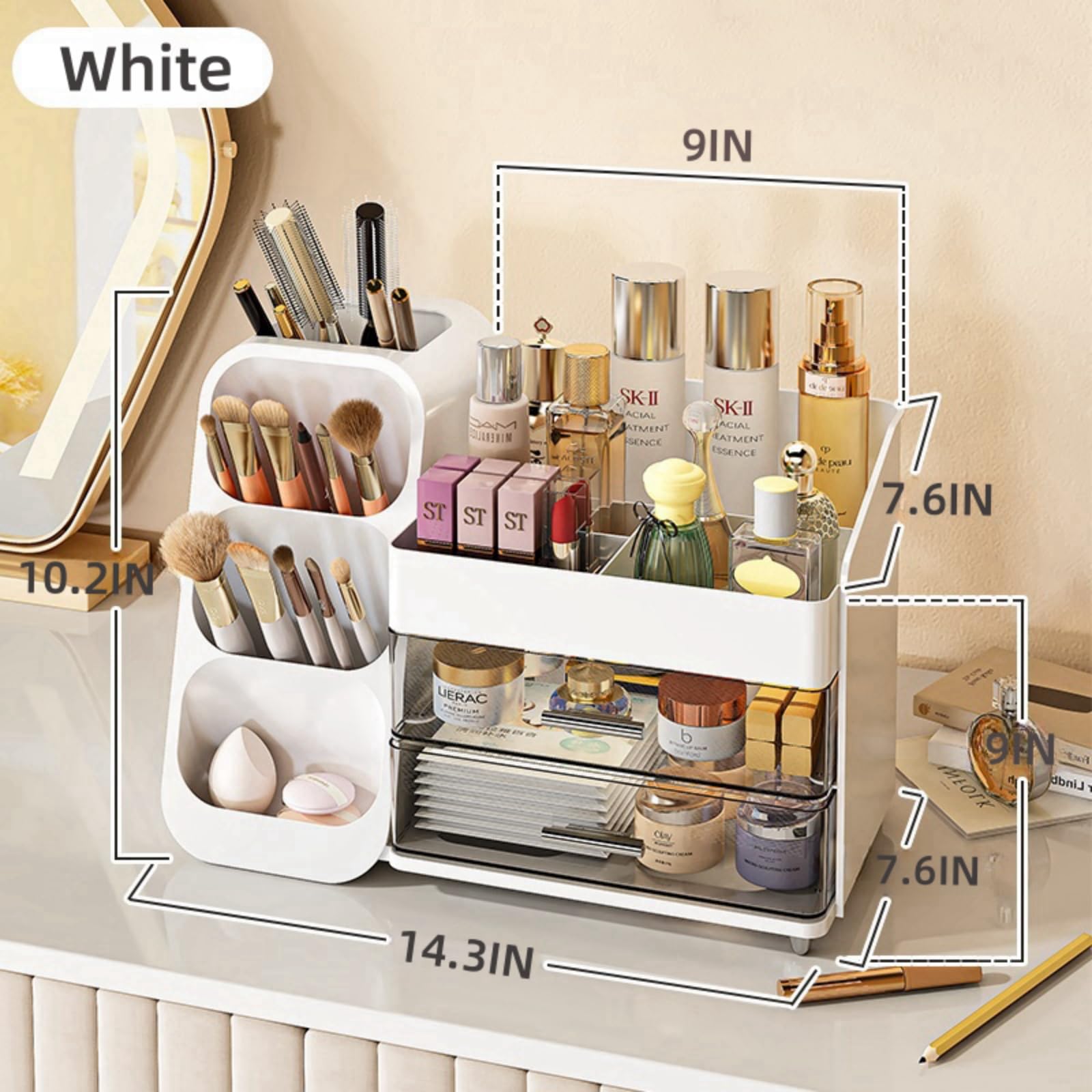 Large Makeup Organizer with Drawers - Spacious Vanity & Bathroom Storage for Cosmetics, Skincare, Brushes, Eyeshadow, Lipstick - Perfect for Bedroom, Dorm & Travel (White)