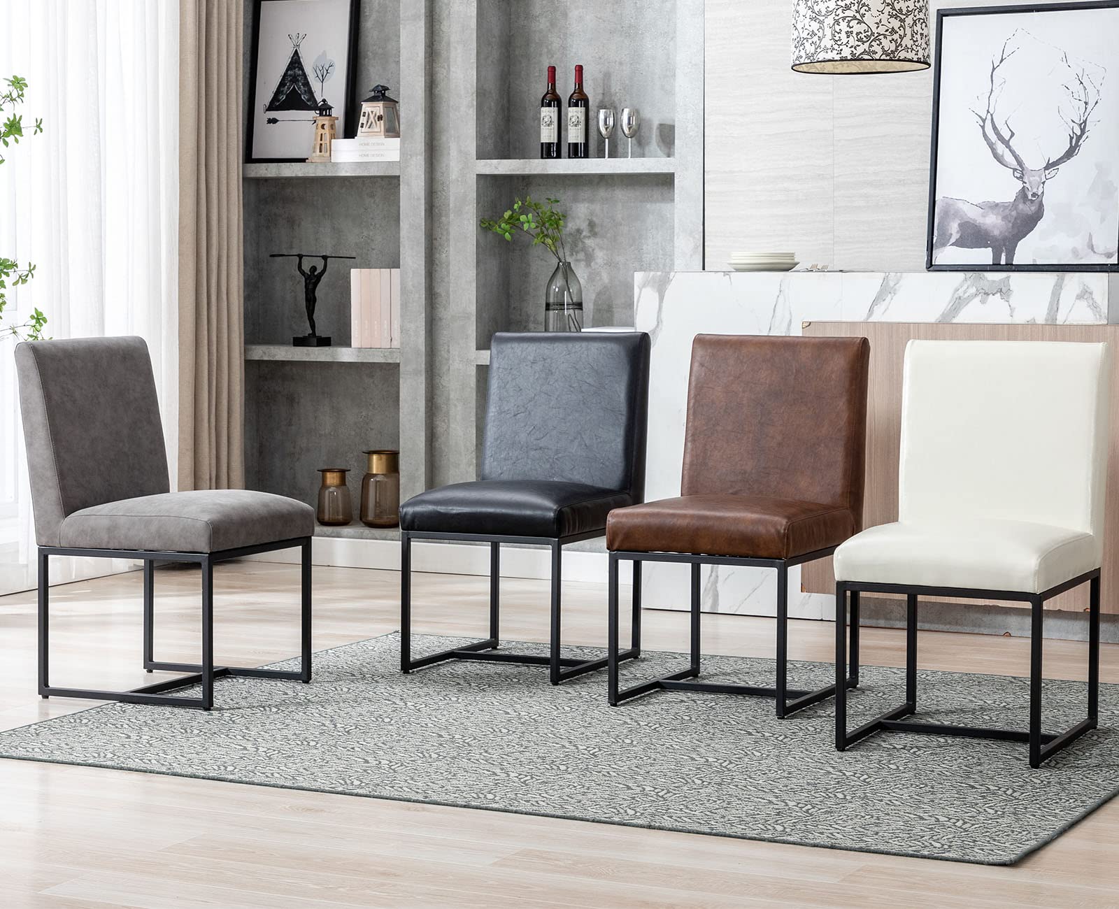 VESCASA Mid Century Modern Faux Leather Dining Chairs - Set of 2 Brown Upholstered Kitchen Chairs with Black Metal Frame & Adjustable Foot Pads | Perfect for Restaurant, Home Dining Room & Office Conference Table Setting