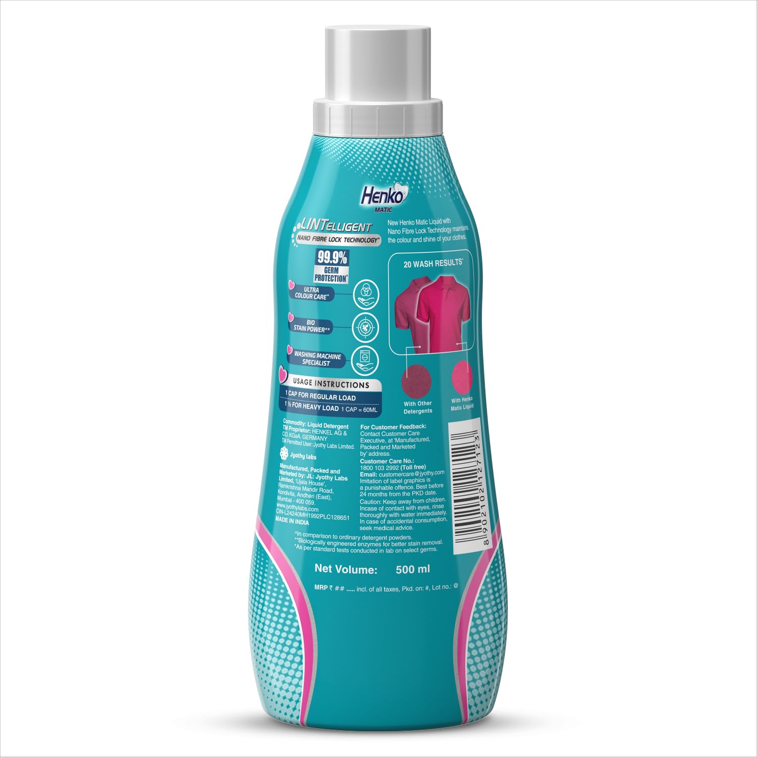 Henko Matic Front Load Liquid Laundry Detergent - 1L with Nano Fiber Lock Technology | 99.9% Germ Protection | Bio Stain Remover | Color Safe Formula | Keeps Clothes Looking New & Vibrant | Perfect for Front Load Washing Machines, Baby Clothes & Delicate Fabrics