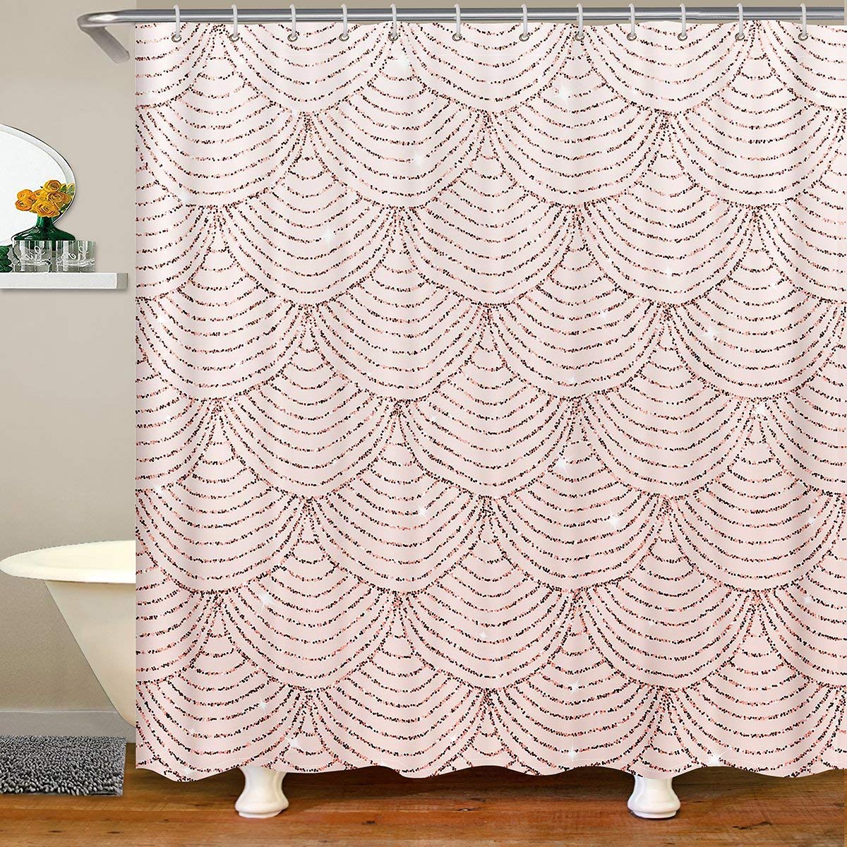 Feelyou Waterproof Fish Scale Shower Curtain with Hooks - 72x78 Inch Mermaid Ocean Theme Bathroom Decor for Kids Girls | Pink Shell Print Fabric Shower Curtain for Beach Themed Bathrooms & Nautical Nursery Decor