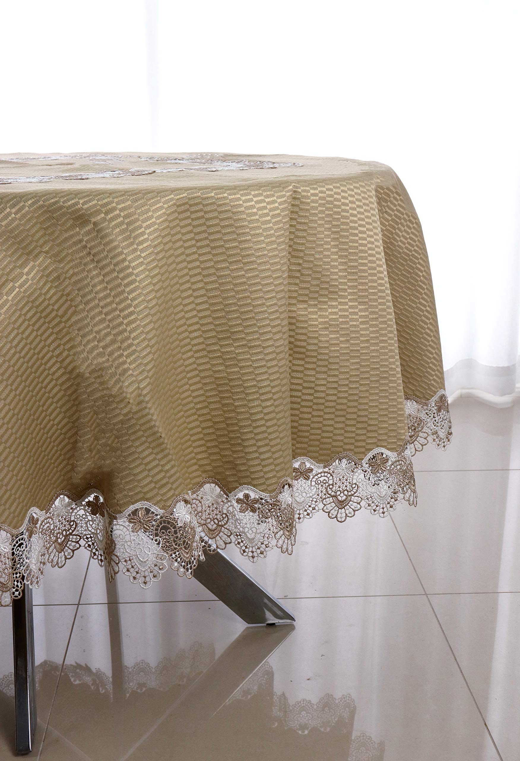 Vintage Elegant Lace Embroidered Round Tablecloth - 36 Inch Taupe with Brown & White Lace Trim - Perfect for Kitchen, Dining Table, Coffee Table, Nightstand and Home Decor