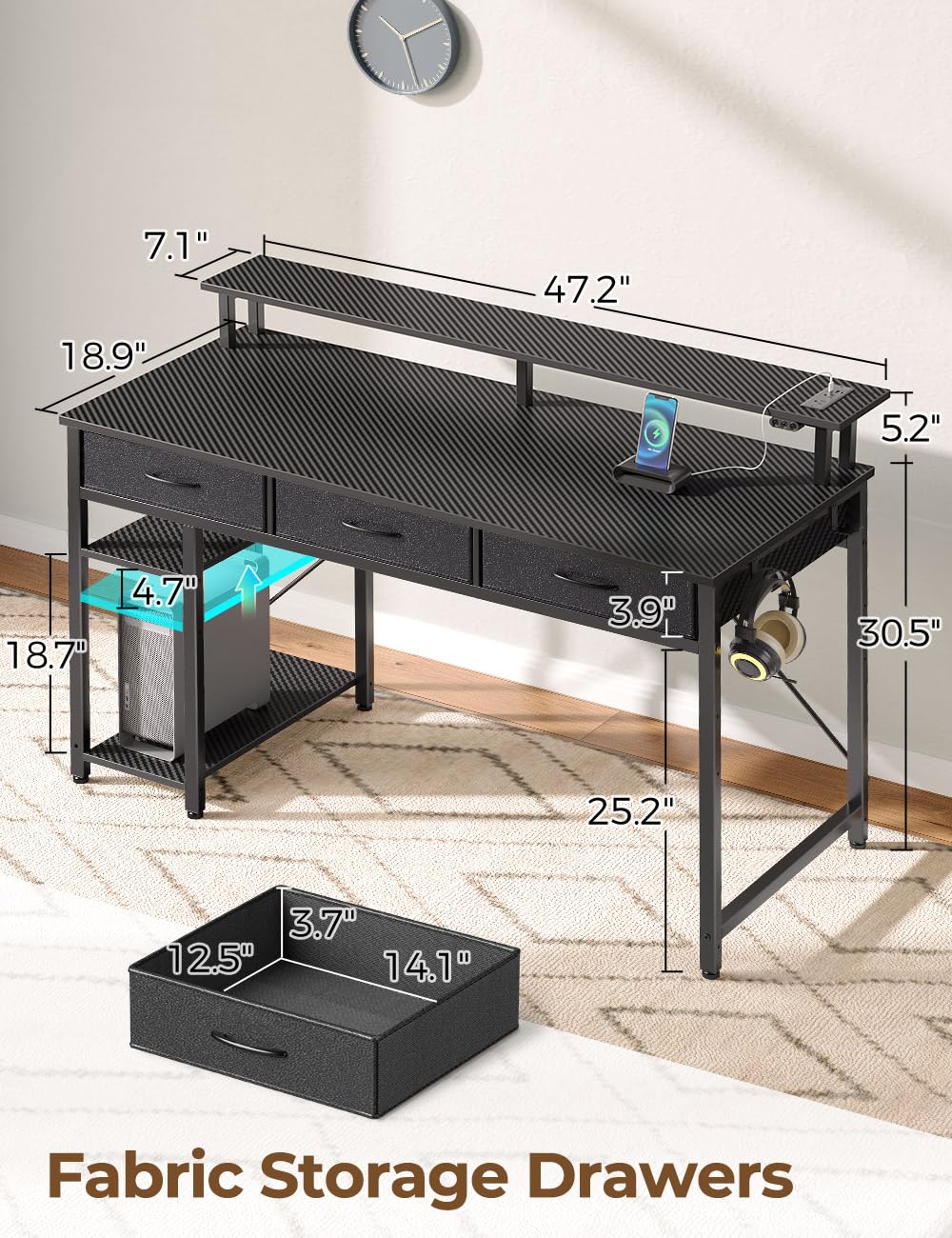 Rolanstar 47-inch Modern Computer Desk with Power Outlets, LED Light & Storage - Home Office Desk with 3 Drawers, Monitor Stand & Shelves - Perfect for Remote Work, Gaming & Study - Carbon Black