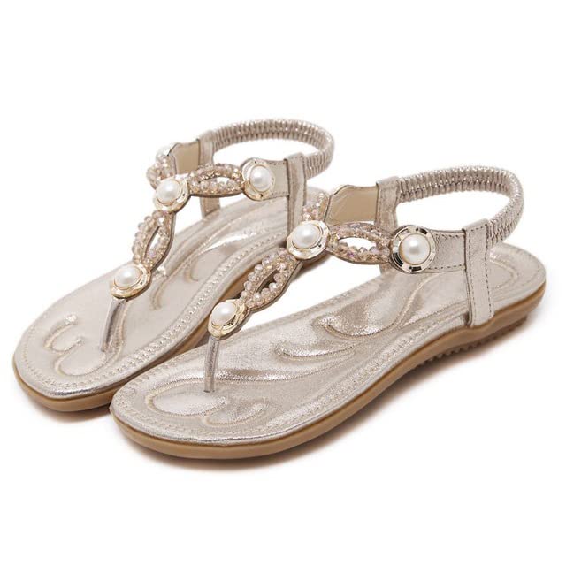 JrenBox Women's Bohemian Beach Sandals - Elastic Band Flat Sandals for Summer | Comfortable Casual Ankle Sandals for Women | Perfect for Beach, Vacation, and Everyday Wear (Beige, Size 11)