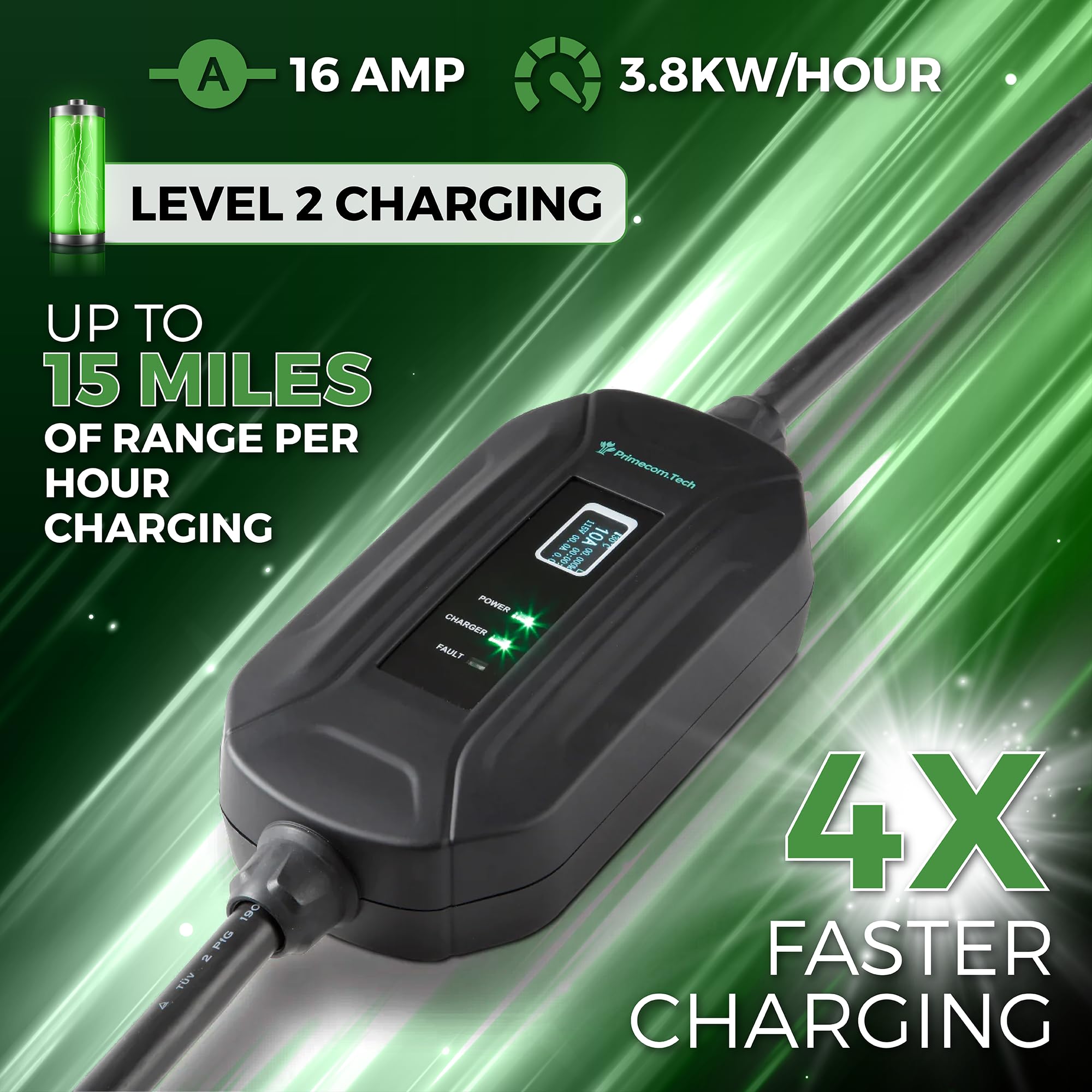 PRIMECOM Level 2 EV Charger 16A 240V - Portable Smart Car Charger for Home & Travel (30ft)