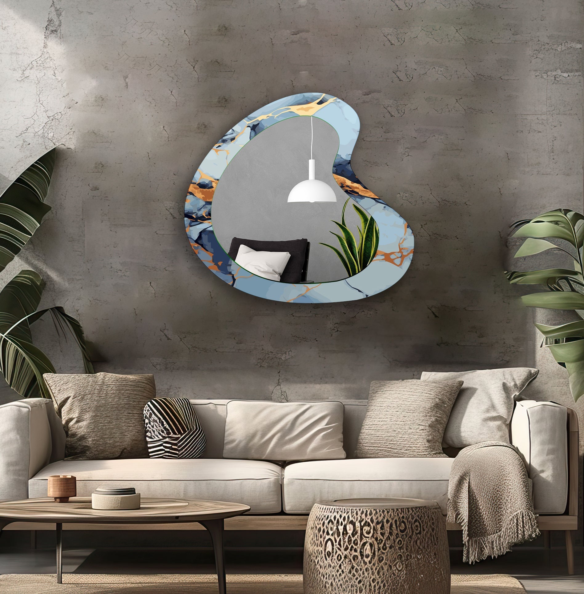 Blue Marble Irregular Decorative Wall Mirror - Modern Abstract Bathroom & Living Room Accent Piece for Home Decor