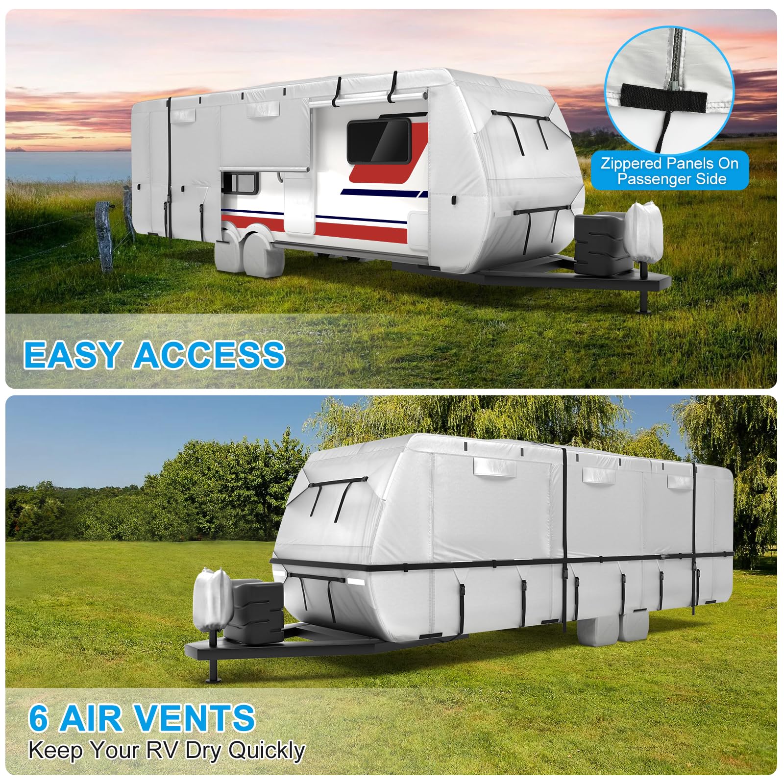 420D Oxford Fabric RV Cover for Travel Trailers 22'-24' - Waterproof, Windproof & Tearproof Camper Cover with 4 Tire Covers, Jack Cover & Zippered Doors | Perfect for Outdoor Storage, Winter Protection & Long-Term Parking