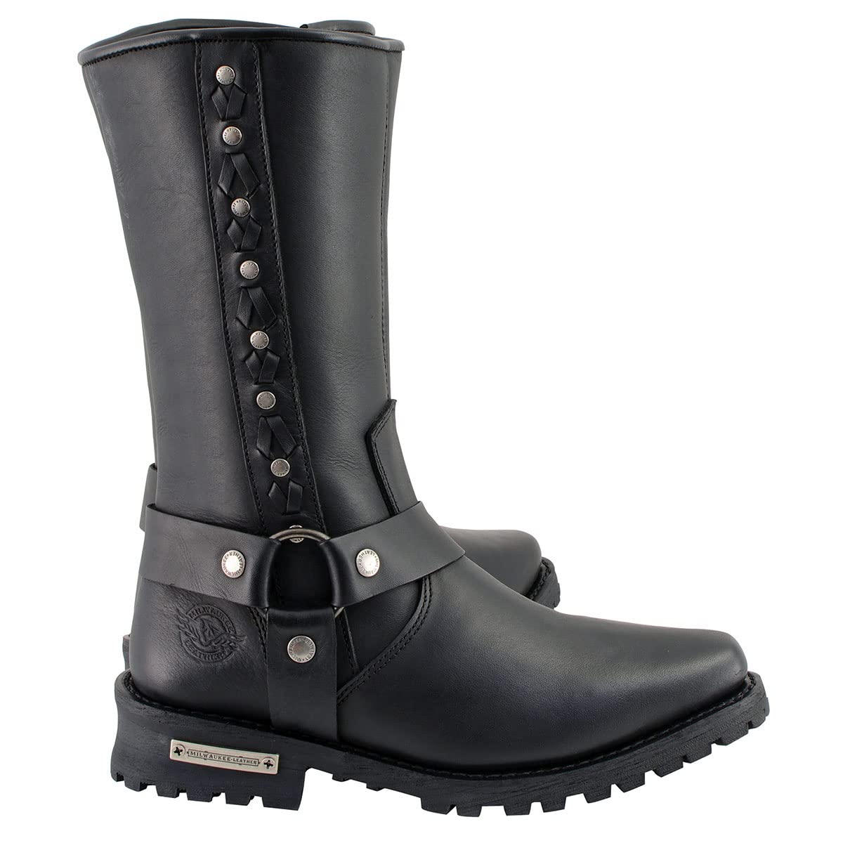 Milwaukee Leather MBM9025 Men's Black Leather Motorcycle Boots with Braid & Riveted Details - Durable Riding Boots for Harley Davidson & Cruiser Bikes
