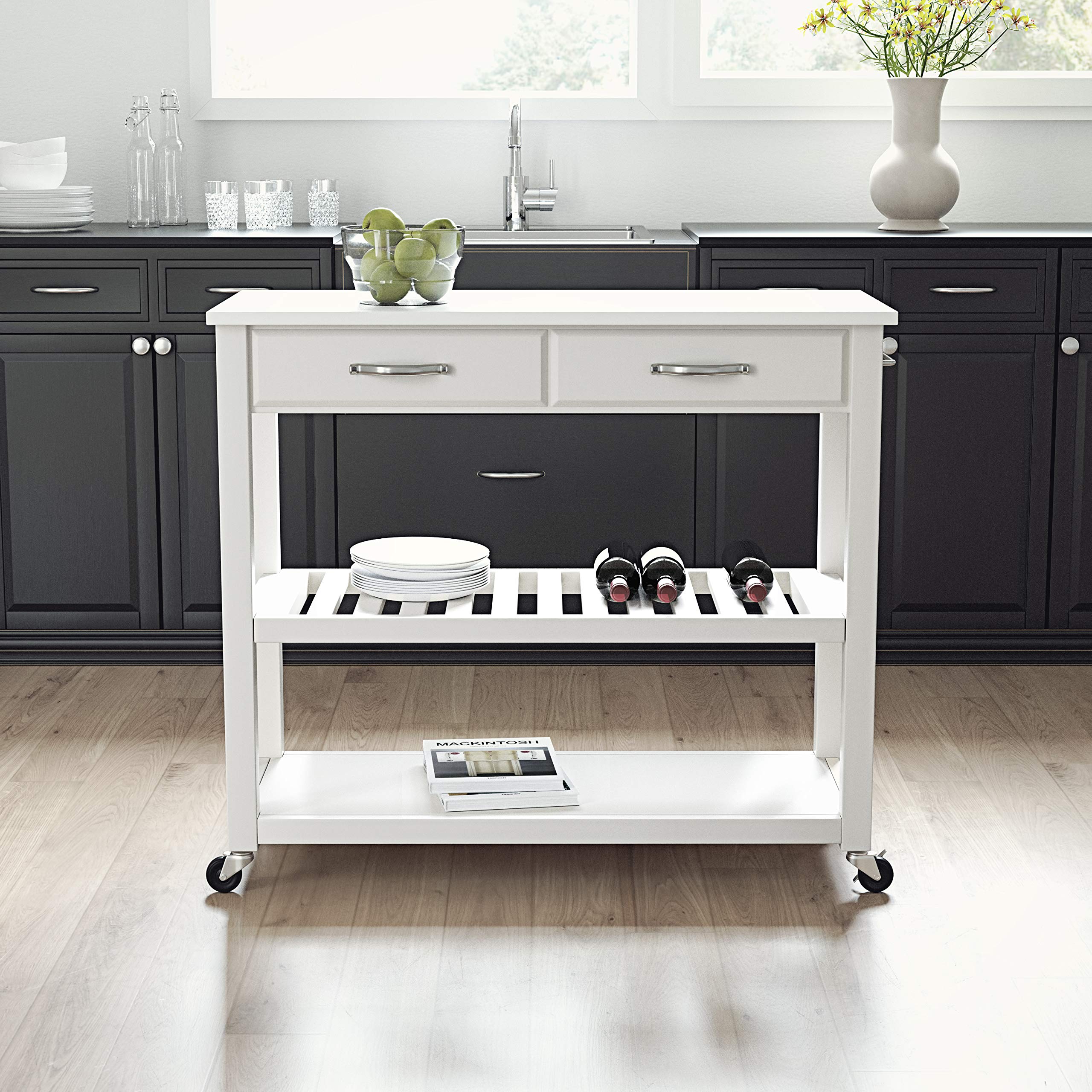 Crosley White Kitchen Prep Rolling Cart with Stone Top - Microwave Stand, Coffee Bar, Storage Shelves - Perfect for Small Spaces, Apartments & Kitchen Organization