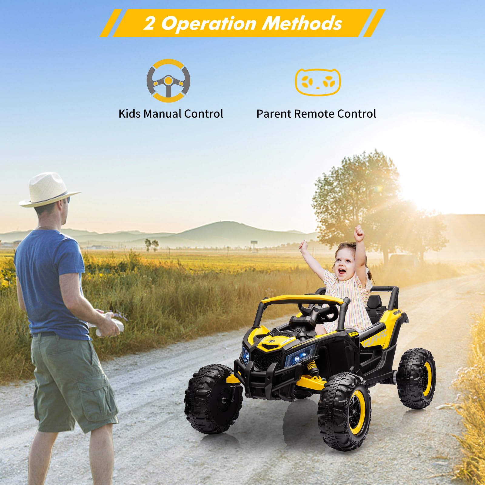 GARVEE 24V Kids Electric Ride On UTV Car with Remote Control - 200W Motor, Spring Suspension, LED Lights & Music - Yellow Off-Road Toy for Boys & Girls Ages 3-8 - Perfect for Backyard, Park & Indoor Play