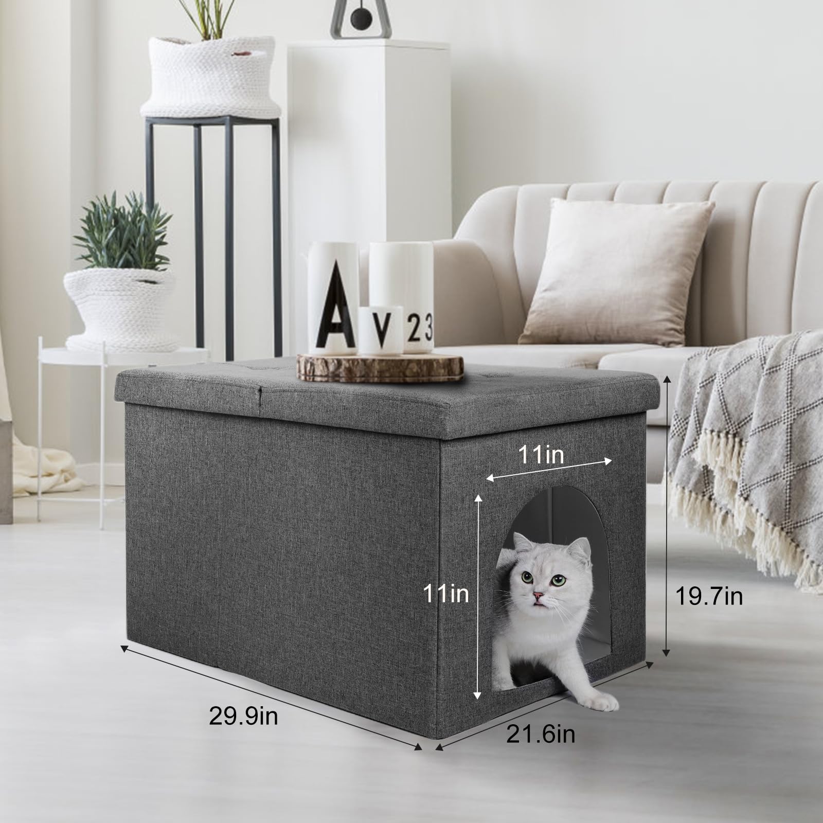 Hidden Cat Litter Box Enclosure Furniture - Large Dog Proof Ottoman with Flip-Up Lid, Waterproof Interior & Odor Control - 29.9 x 21.6 x 19.7 Inches, Grey - Perfect for Living Rooms, Bedrooms & Small Spaces