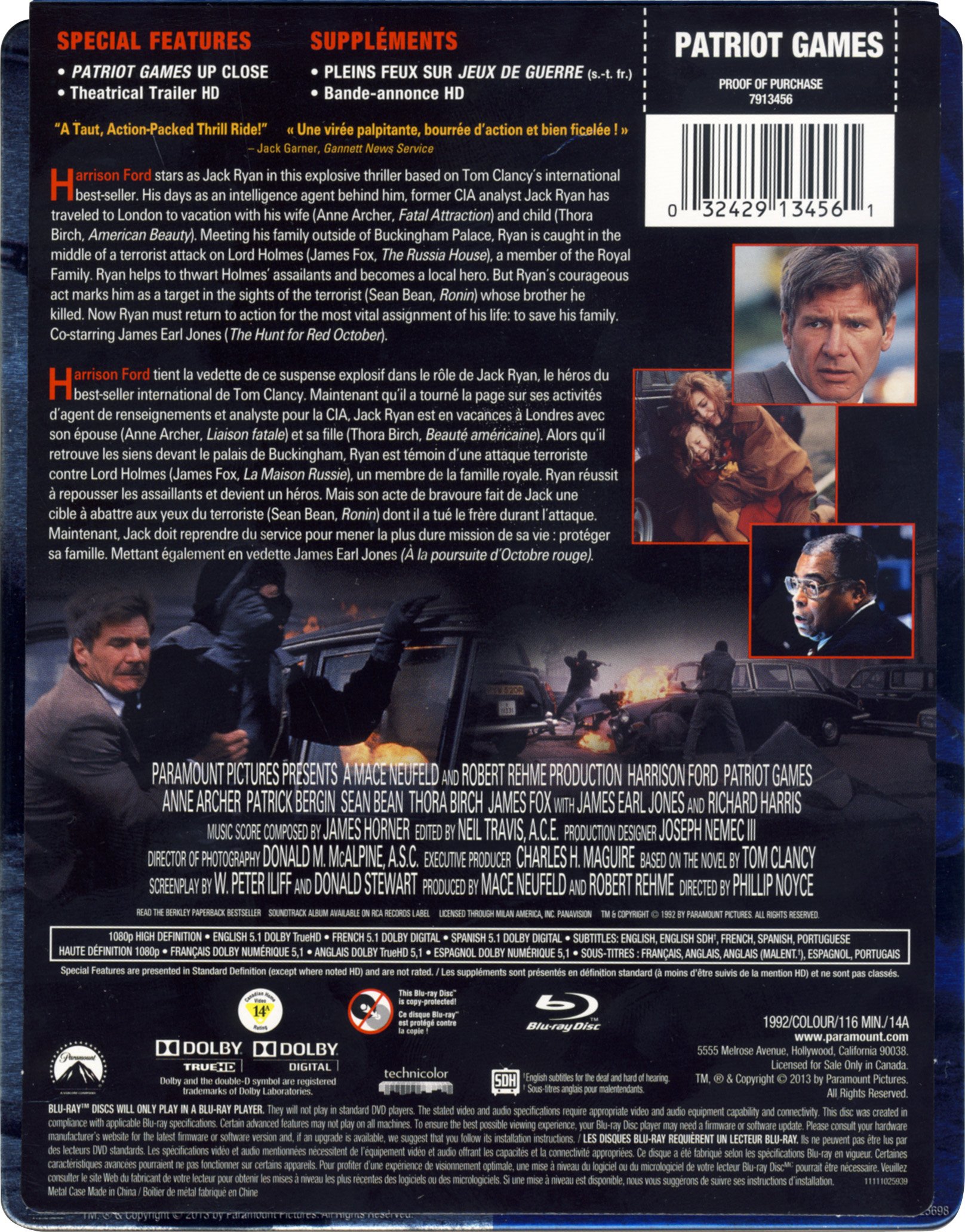 Patriot Games (Blu-ray Steelbook) - Classic Action Thriller Movie | Perfect for Movie Nights & Collector's Editions