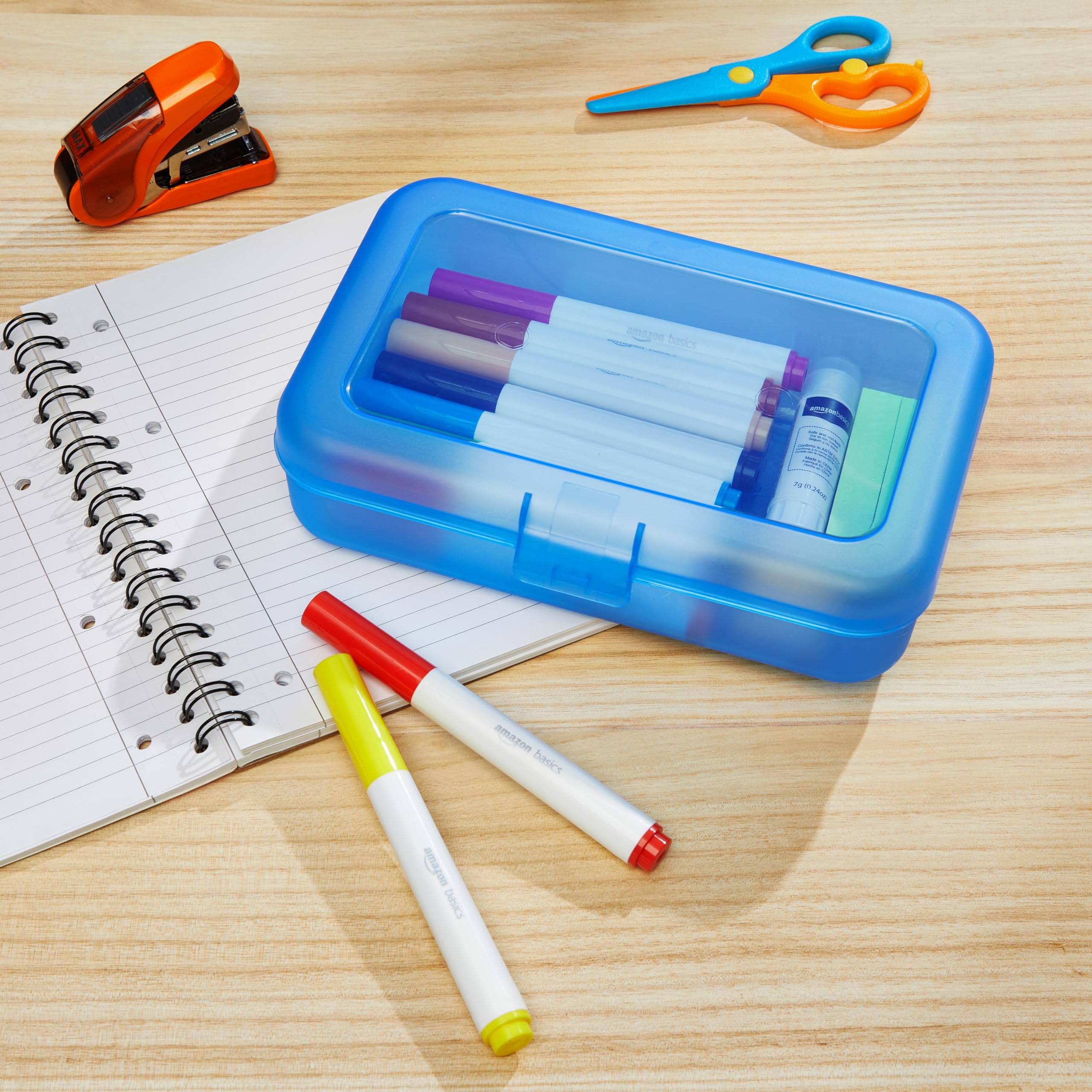 Amazon Basics Pencil Box - 1-Pack Blue Solid Plastic Storage Case for School, Office & Art Supplies | Perfect for Students, Teachers & Artists