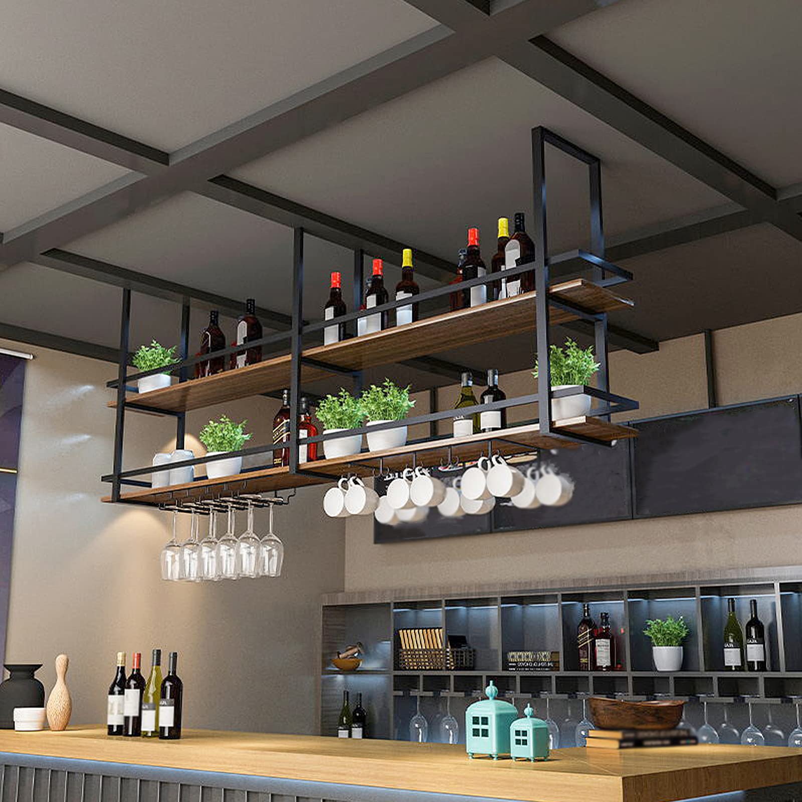 Industrial Ceiling Wine Glass Rack - 47.2 Inch Black Metal Hanging Wine Bottle Holder with Glass Storage Shelf for Bar, Kitchen & Cafe - Space-Saving 2-Tier Design (47.2×11.8×31.4in) - Perfect for Home Bars, Restaurants & Commercial Spaces