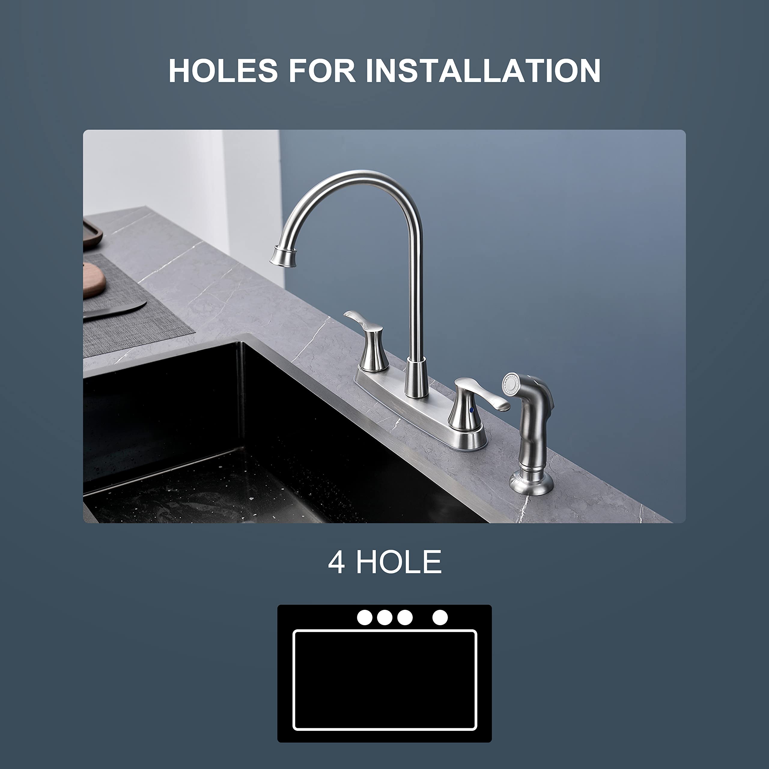 Brushed Nickel 2-Handle Kitchen Faucet with Side Sprayer - 4 Hole Mount for Sink | Perfect for Modern Kitchens, Dishwashing & Food Prep