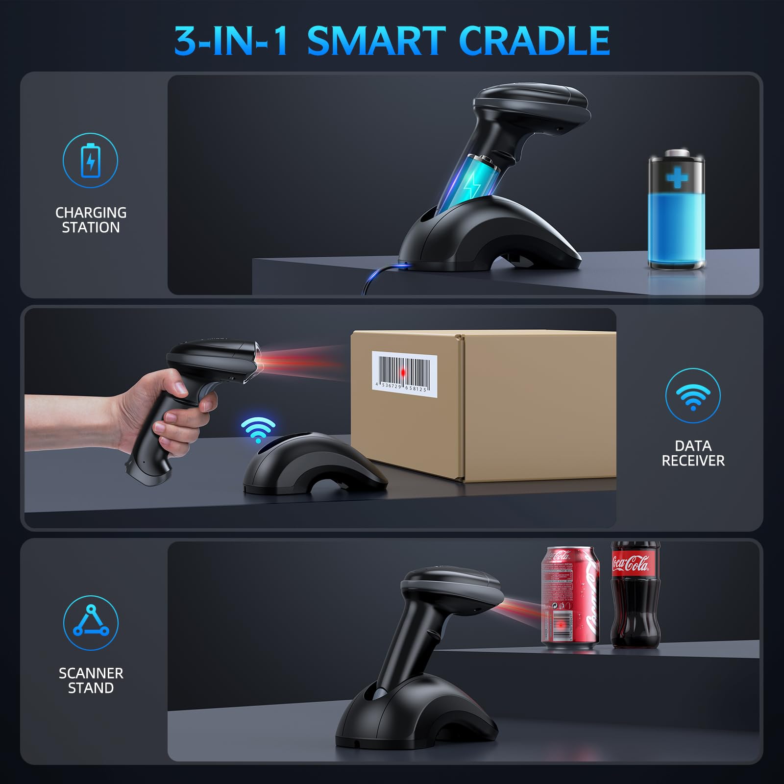 TEEMI Wireless Bluetooth Barcode Scanner - QR & Barcode Reader with USB Cradle, Replaceable Battery, Hands-Free Auto Scanning & Advanced Data Parsing for Retail, Warehouse, and Inventory Management