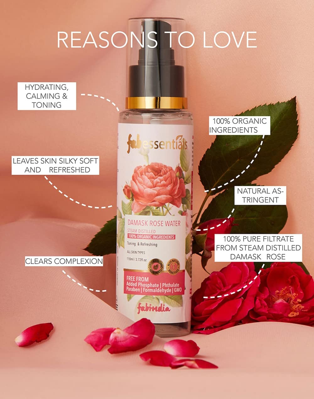 Fabessentials Pure Damask Rose Water Facial Toner & Hydrating Mist - 110ml | Natural Gulab Jal for Glowing Skin | Refreshing Face Spray for Deep Hydration & Skin Toning | Perfect for Daily Skincare Routine, Post-Workout Refresh & Makeup Setting