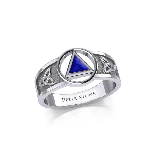 Celtic Trinity Knot Sterling Silver Ring with Inlaid Recovery Symbol - Elegant Irish Jewelry for Women, Men - Perfect for Weddings, Anniversaries & Spiritual Healing