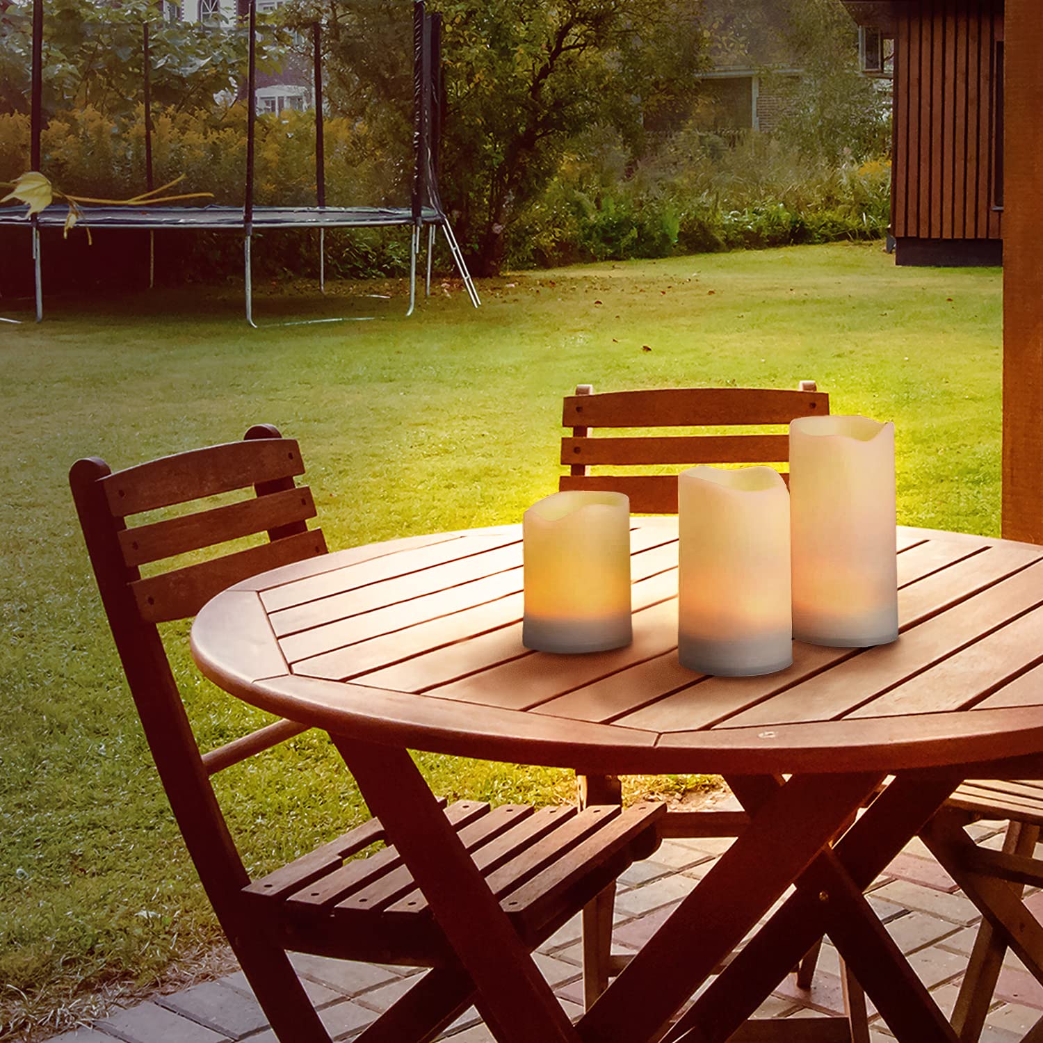 Outdoor Solar Candles 3 Pack - Waterproof Flameless LED Pillar Candles with Flickering Light & Dusk to Dawn Timer - Perfect for Patio, Garden, Yard, and Poolside Decor - Rechargeable Batteries Included