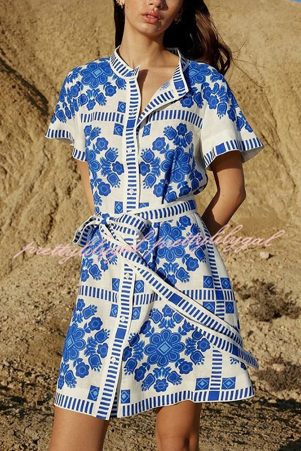 Stylish Floral Print Short Sleeve Button Down Tie Waist Mini Dress - Perfect for Summer Outings, Beach Vacations & Casual Dates