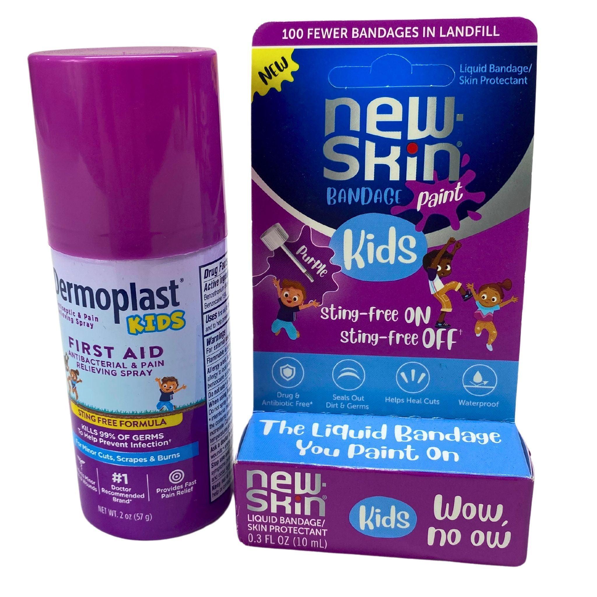 Dermoplast Kids First Aid Antibacterial Spray 2oz + New Skin Liquid Bandage 0.3oz (80-Piece Set) - Pain Relief & Wound Protection for Cuts, Scrapes & Minor Burns - Perfect for Home, School & Travel First Aid Kits