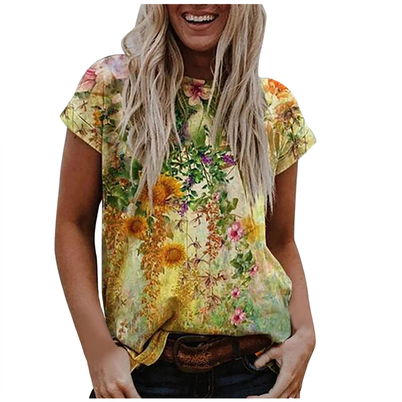 Women's Summer Casual Short Sleeve T-Shirt - Floral Print Round Neck Loose Fit Tunic Top | Perfect for Beach Outings, Vacation Wear & Everyday Comfort