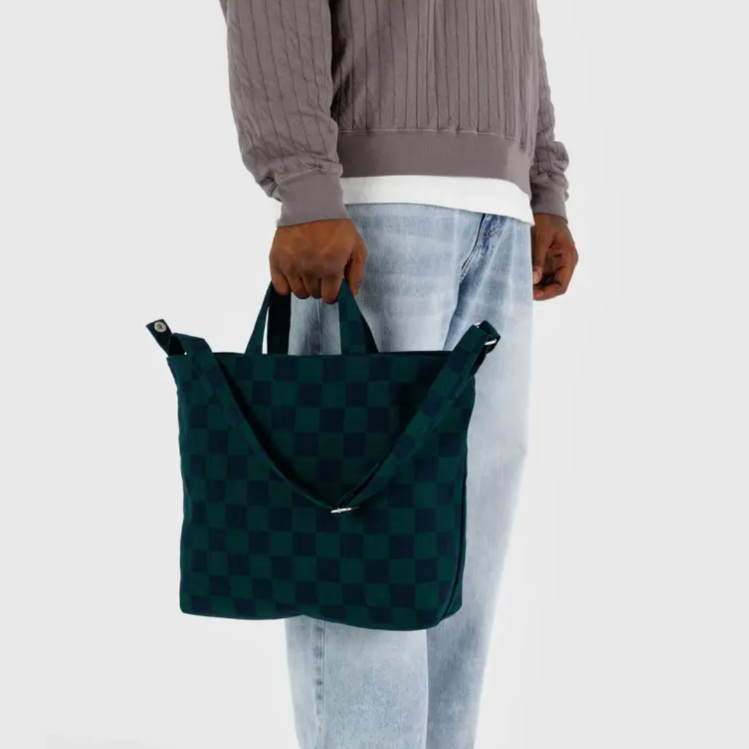 BAGGU Navy Green Check Horizontal Zip Duck Bag - Stylish & Durable Crossbody Bag for Women, Perfect for Travel, Shopping & Everyday Use