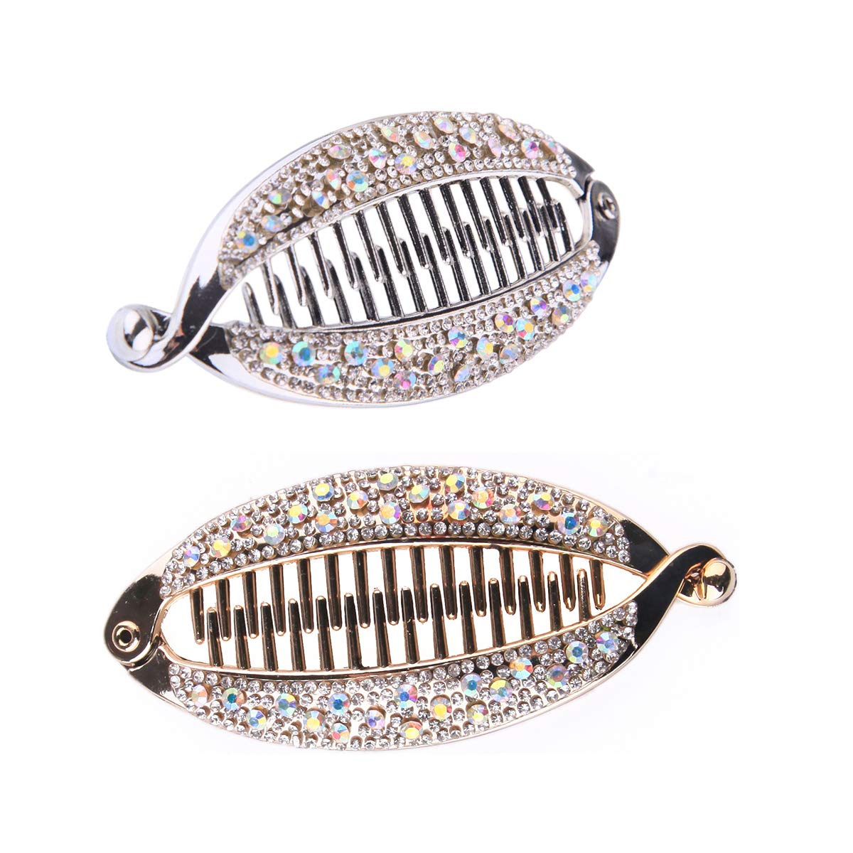 Lurrose 4pcs Rhinestone Fish-Shaped Hair Claw Clips - Gold & Silver Banana Hair Clips with Rounded Edges for Women & Girls - Perfect for Parties, Weddings, and Everyday Hairstyling
