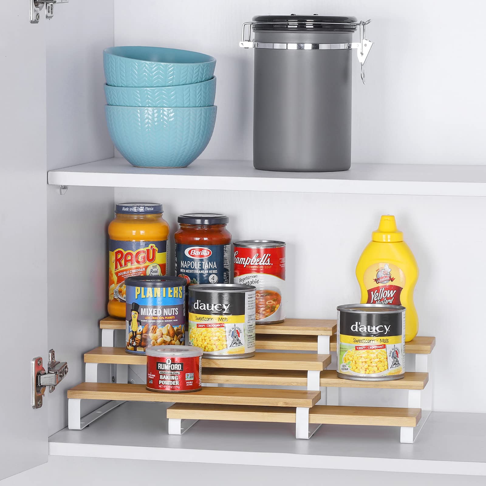 MOOACE Expandable 3-Tier Spice Rack Organizer for Kitchen Cabinet - White & Natural Spice Shelf with Adjustable Shelves (Set of 4) - Perfect for Countertop, Pantry, and Small Space Kitchen Organization