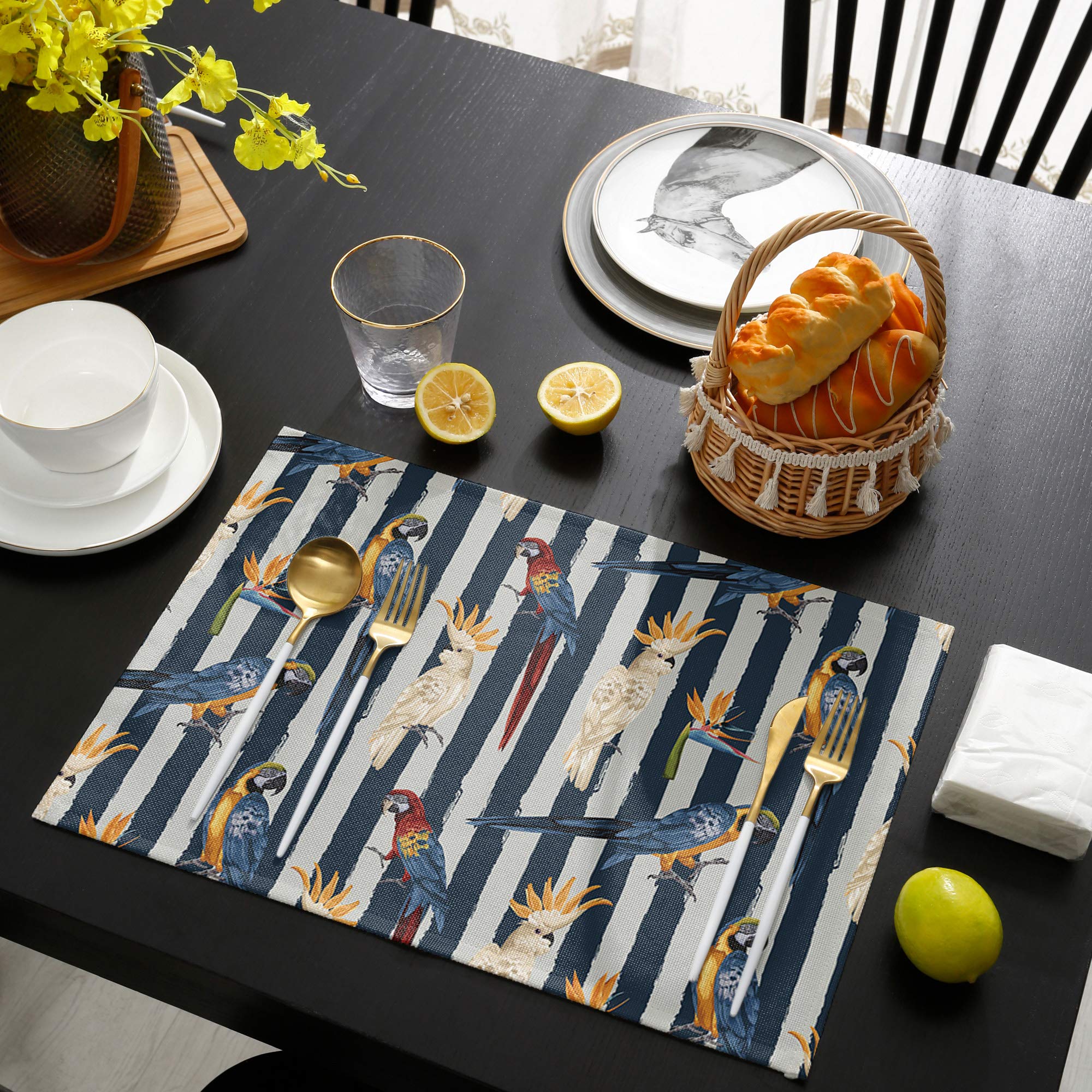 **Sunflower & Parrot Bird Placemats Set of 4 - Washable Modern Table Mats for Dining, Indoor & Outdoor Use - Perfect for Home, Party, Wedding & Holiday Decor**    *(Use Cases: Ideal for everyday dining, outdoor picnics, holiday gatherings, and adding a cheerful touch to your home decor.)*