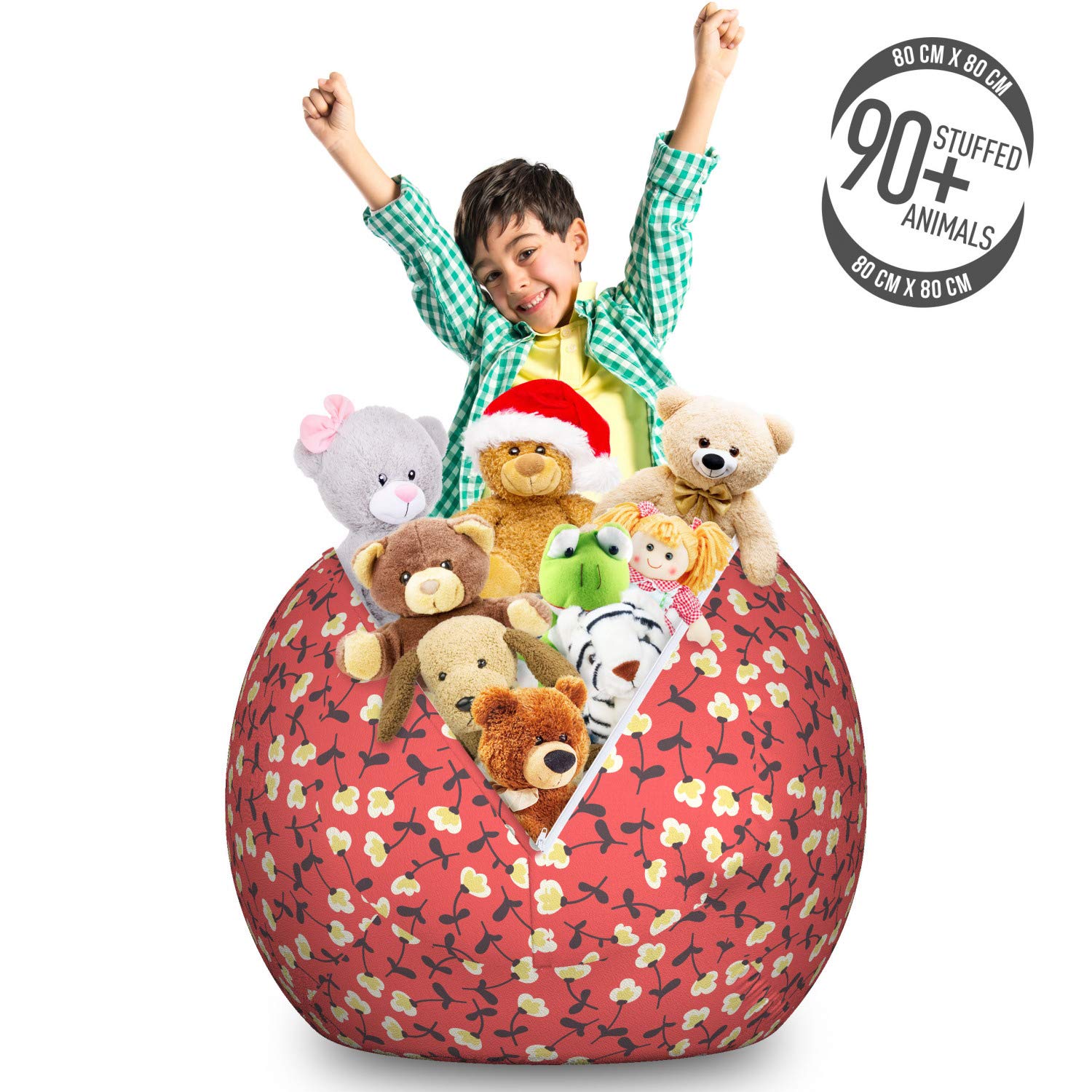 Ambesonne Floral Storage Toy Bag Chair - Large Washable Stuffed Animal Organizer with Doodle Style Spring Romance Pattern in Coral Cream | Perfect for Kids' Room, Nursery, and Playroom Organization