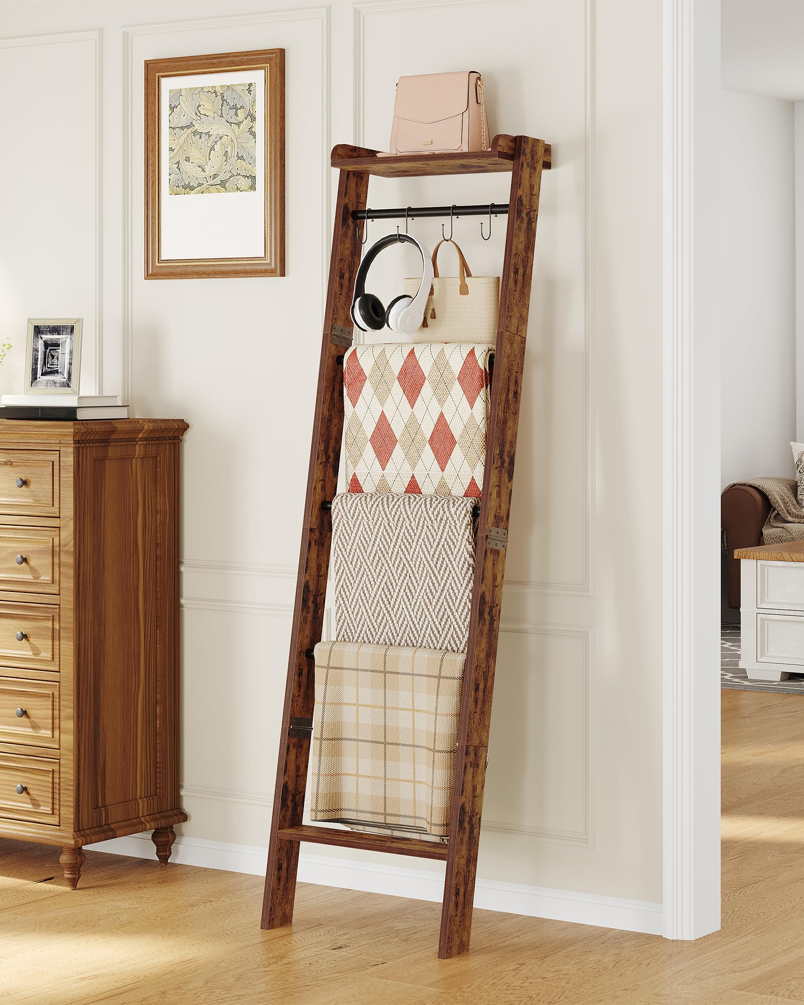 6-Tier Farmhouse Blanket Ladder Shelf - Rustic Brown & Black Storage Organizer with 4 Removable Hooks | Decorative Quilt Rack for Living Room, Bedroom & Home Decor | Perfect for Blanket Display, Towel Storage & Cozy Farmhouse Style