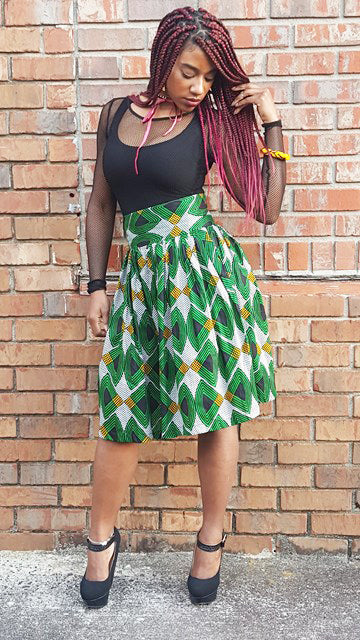 Stylish Green High Waist African Print Skirt DP3800 - Perfect for Cultural Events, Parties & Summer Outfits
