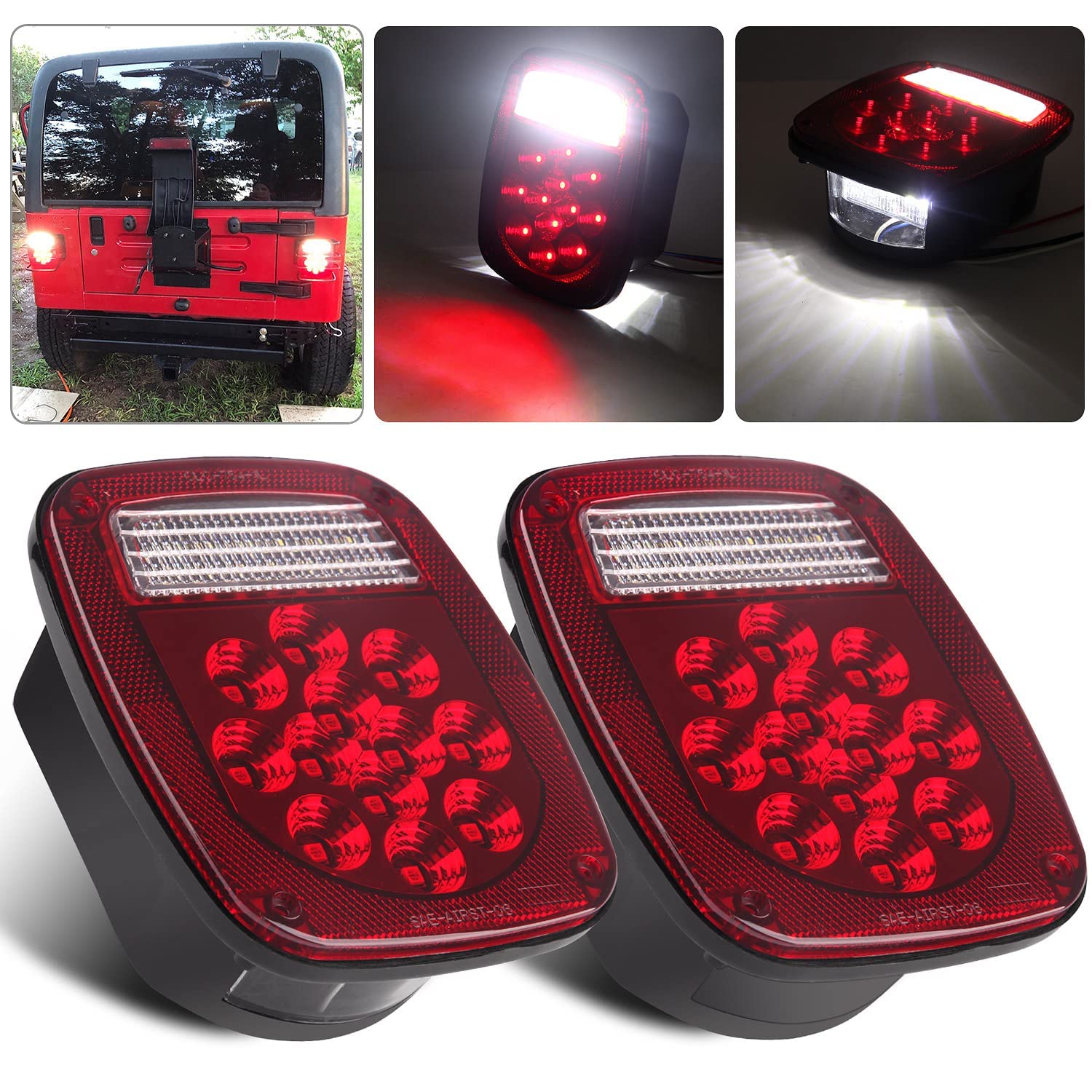 39 LED Square Rear Combination Tail Lights Lamps Assembly for Jeep Wrangler TJ YJ CJ & Flatbed Trucks - Brake, Stop, Turn, Backup & Reverse Lights - Perfect for Off-Roading, Camping & RV Adventures