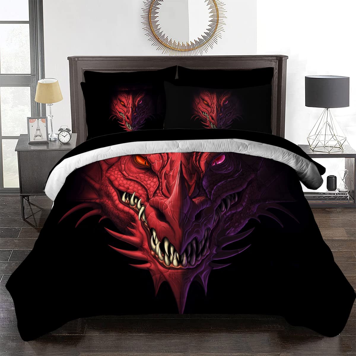 BlessLiving Red Dragon Comforter Set Queen Size - 8-Piece Microfiber Bed in a Bag for Boys, Men & Adults | Ultra Soft All-Season Bedding Set with Sheets | Perfect for Teen Bedrooms, Dorm Rooms & Fantasy Themed Decor