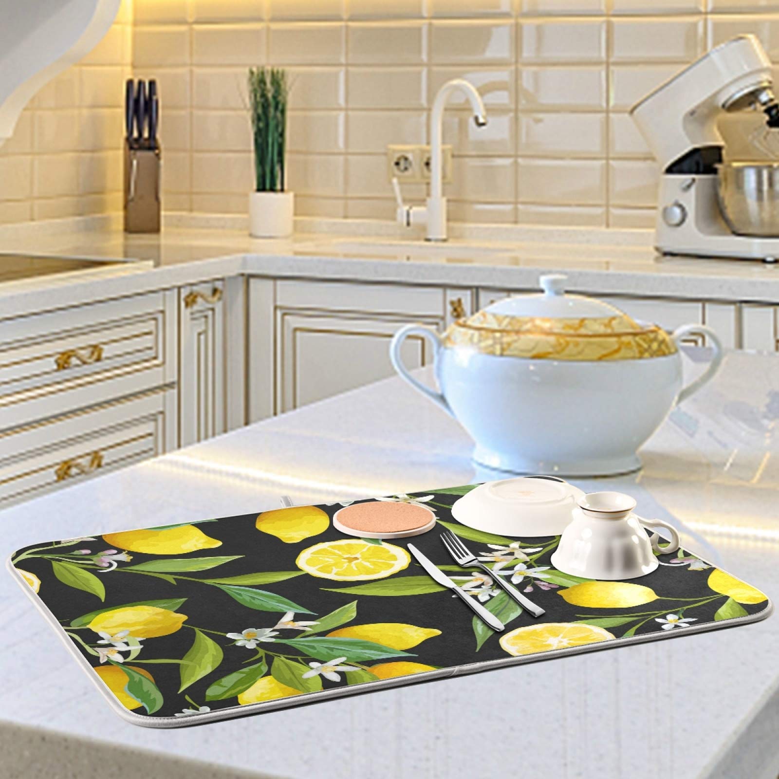 Reversible Absorbent Microfiber Dish Drying Mat - 16x18 Inch Black Lemon Kitchen Counter Decor for Dishes, Utensils, and Cookware