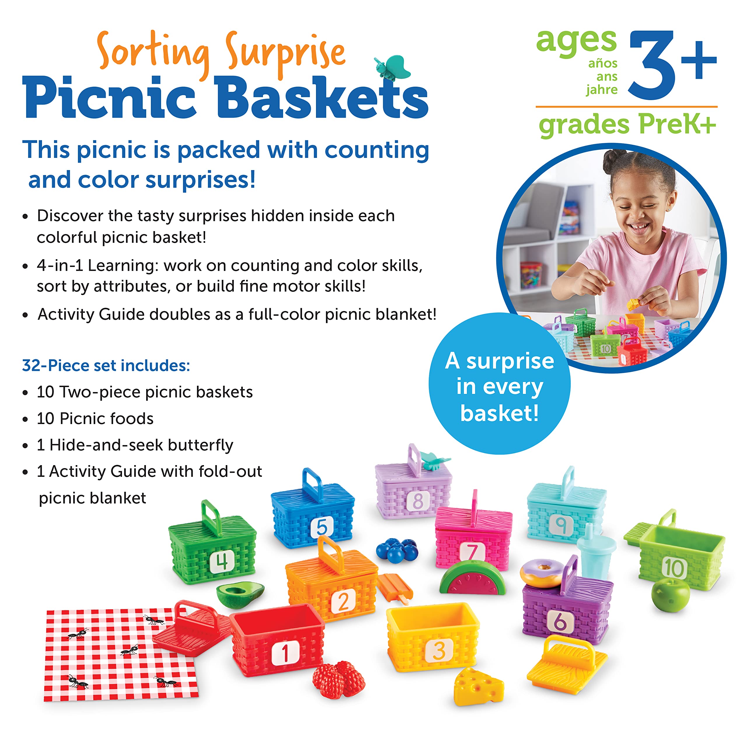 Learning Resources Sorting Surprise Picnic Baskets - Educational Toddler Toy for Sorting, Matching & Fine Motor Skills Development | 32-Piece Preschool Learning Activity | Ages 3+ | Perfect for Classroom, Homeschool & Montessori Play