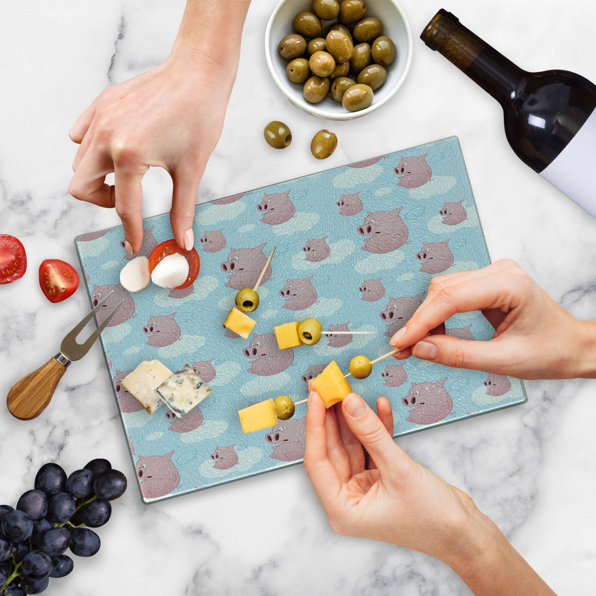 Lunarable Pig Themed Cutting Board - Cartoon Style Flying Pigs with Clouds Design - Durable Tempered Glass Serving Board (Small Size, Pale Blue/White/Pink) - Perfect for Kitchen Decor, Cheese Platters & Gift Giving